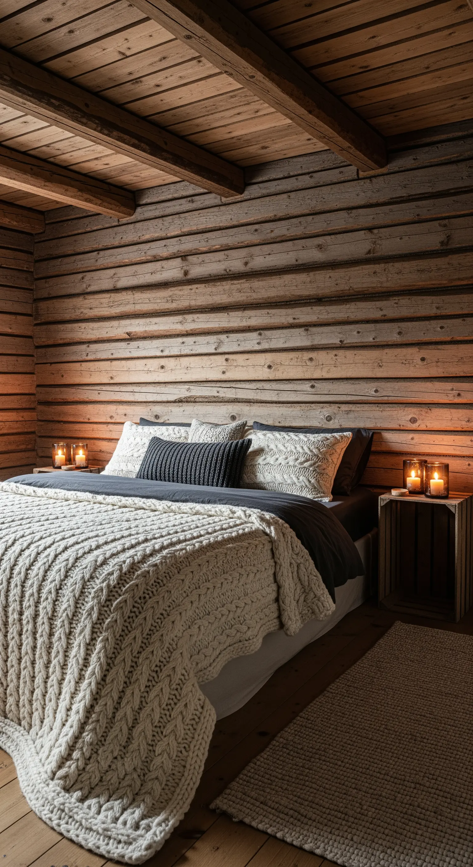 Schlafzimmer mit Holzwänden, Grobstrickdecke, Kerzen auf Holzkisten