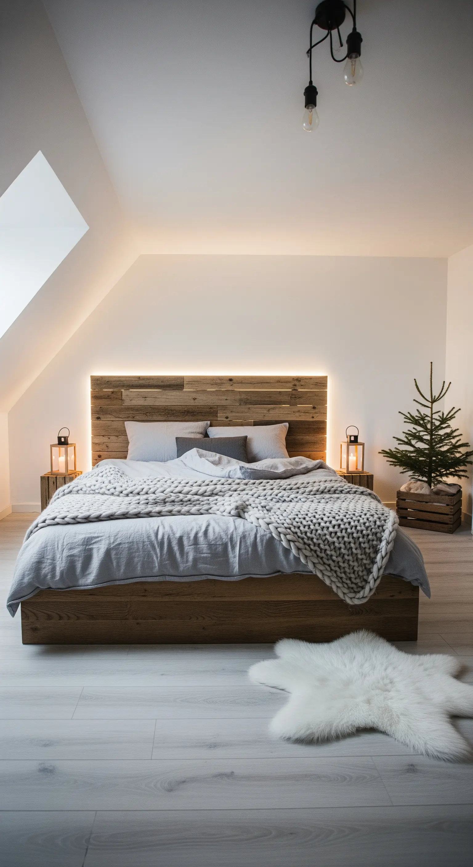 Schlafzimmer mit Holzkopfteil, LED-Beleuchtung, kleinem Tannenbaum und Schaffell-Teppich.