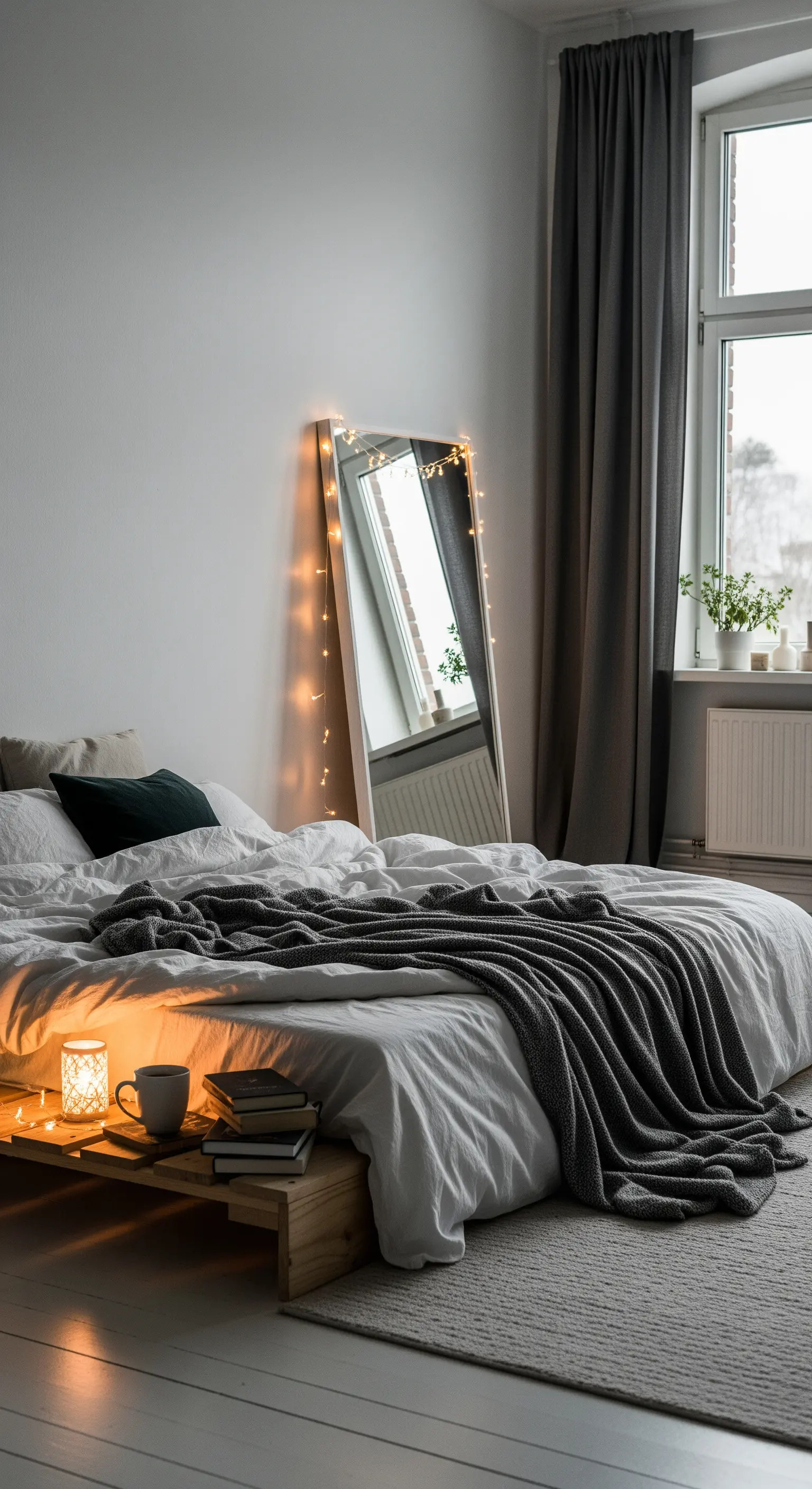 Schlafzimmer mit Spiegel und Lichterkette, grauen Decken und warmem Bodenlicht.