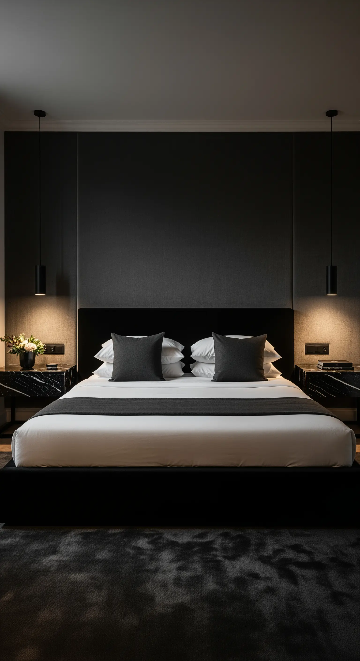 Schlafzimmer mit gepolsterter Wand, Marmor-Nachttischen und Pendelleuchten