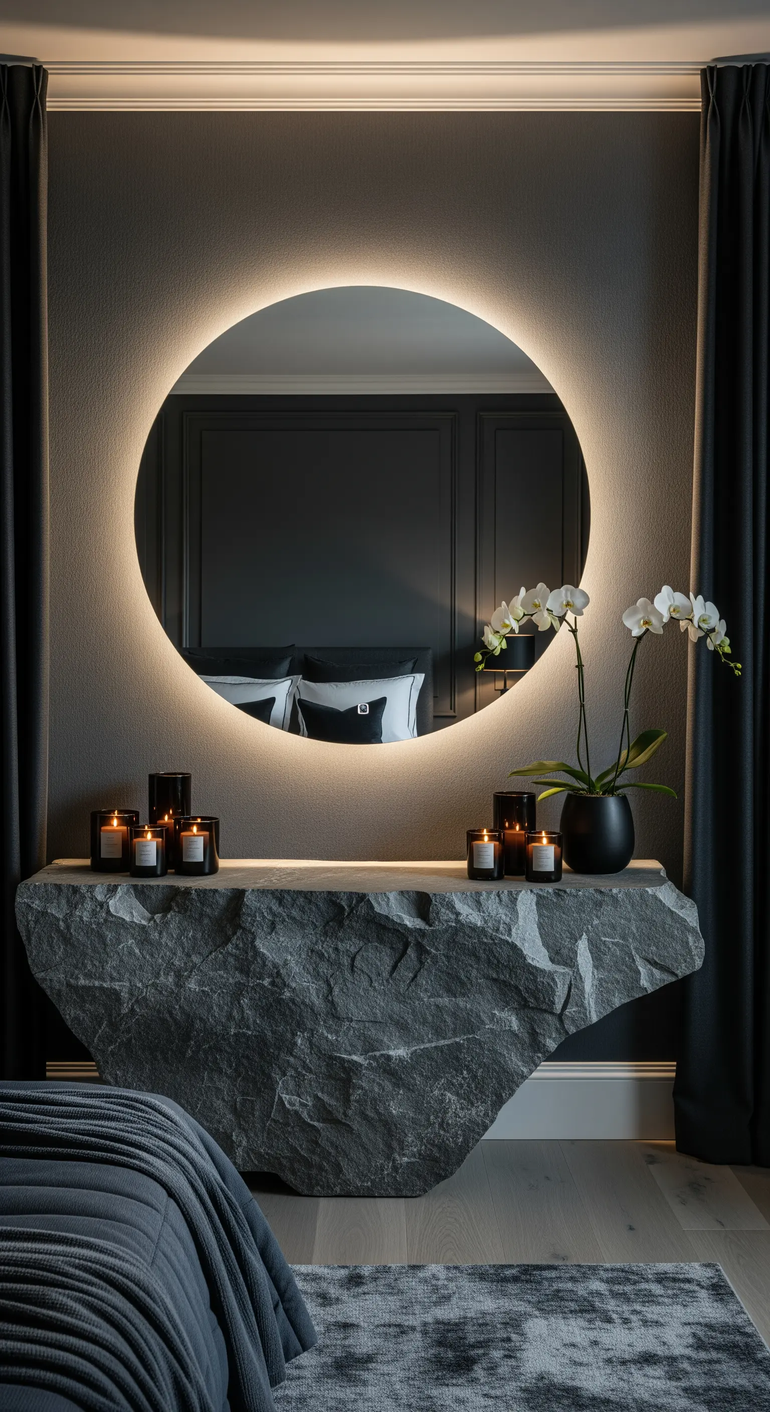 Grob behauene Steinkonsole im Schlafzimmer mit beleuchtetem Spiegel und Kerzen