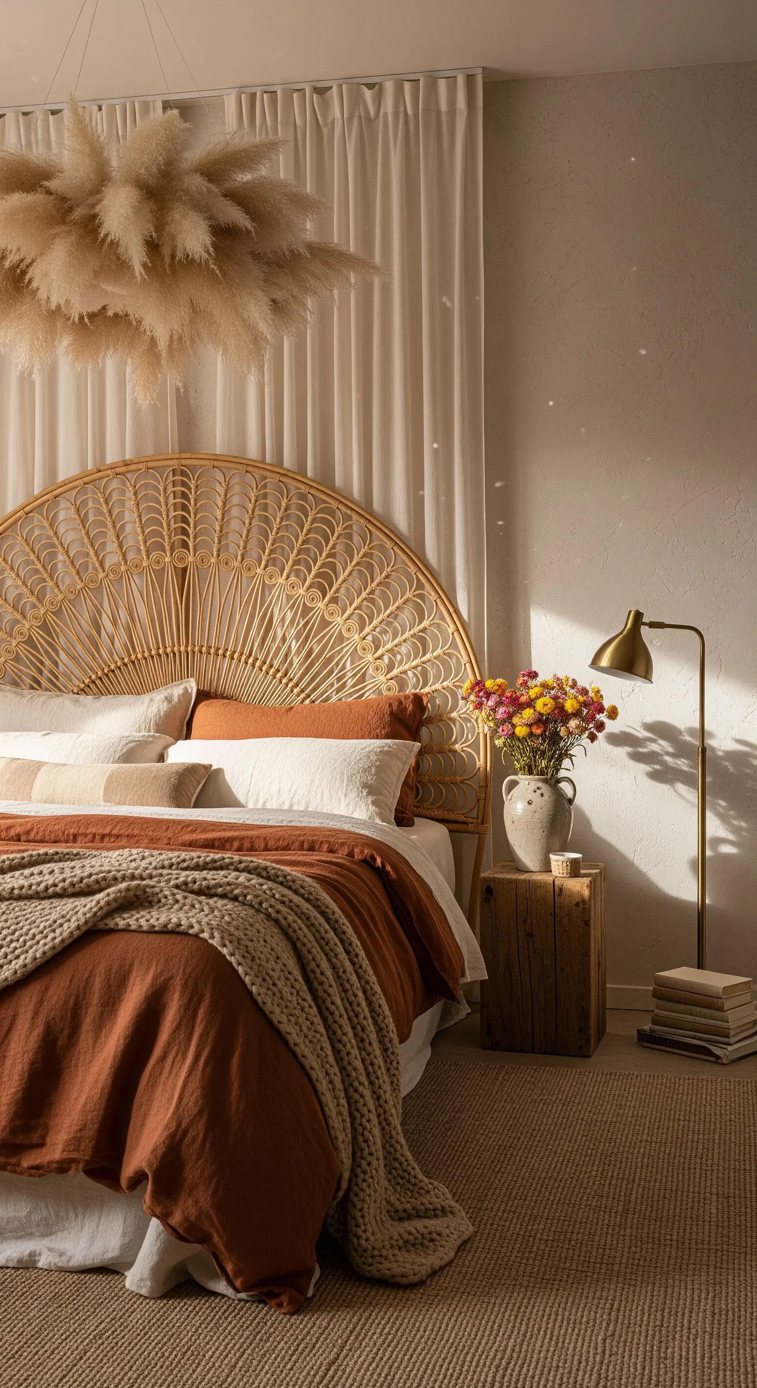Boho-Schlafzimmer, Rattan-Kopfteil, Pampasgras-Deckenhimmel