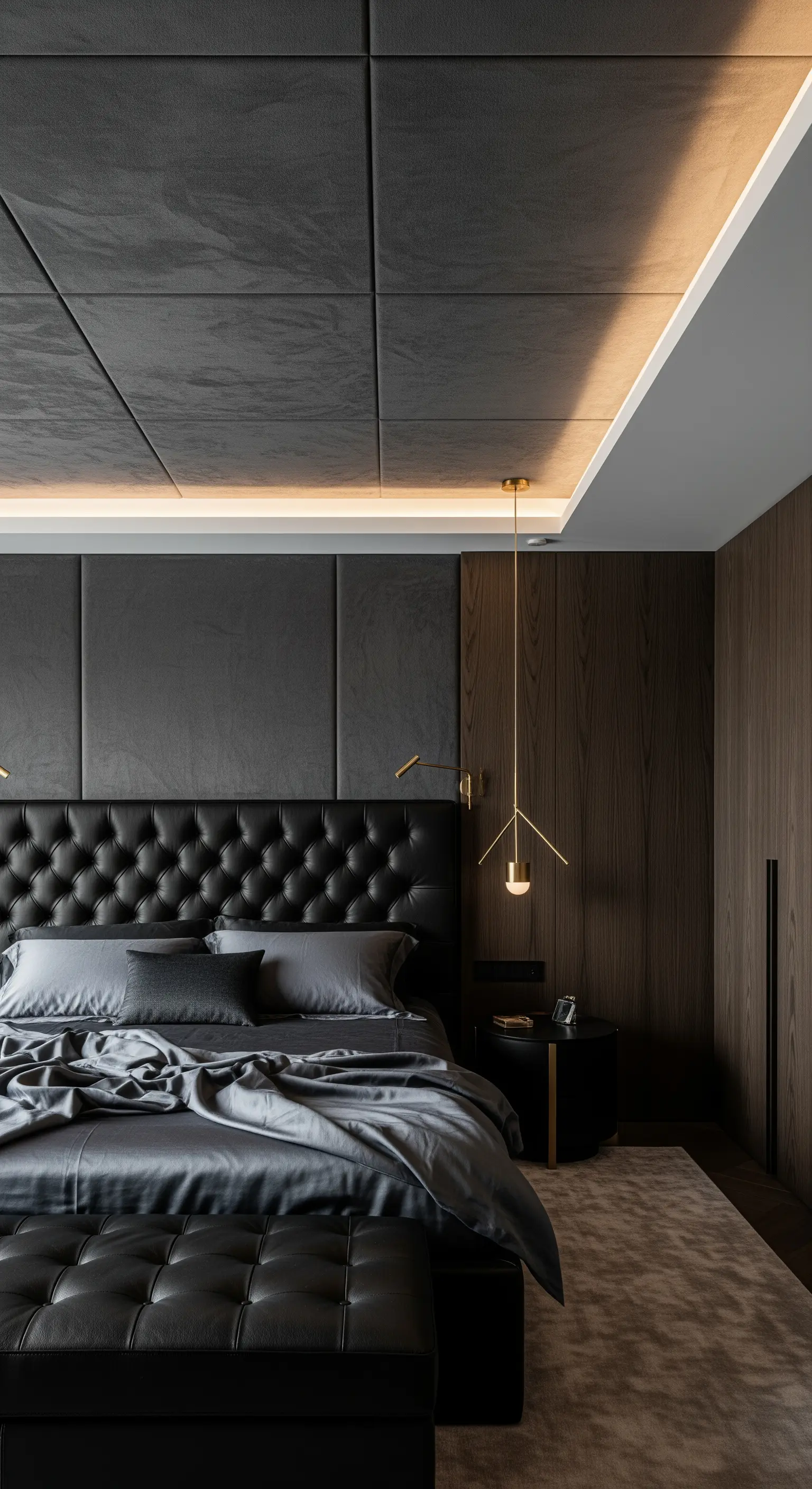 Dunkles Schlafzimmer mit strukturierter Decke und indirekter Beleuchtung über gepolstertem Bett