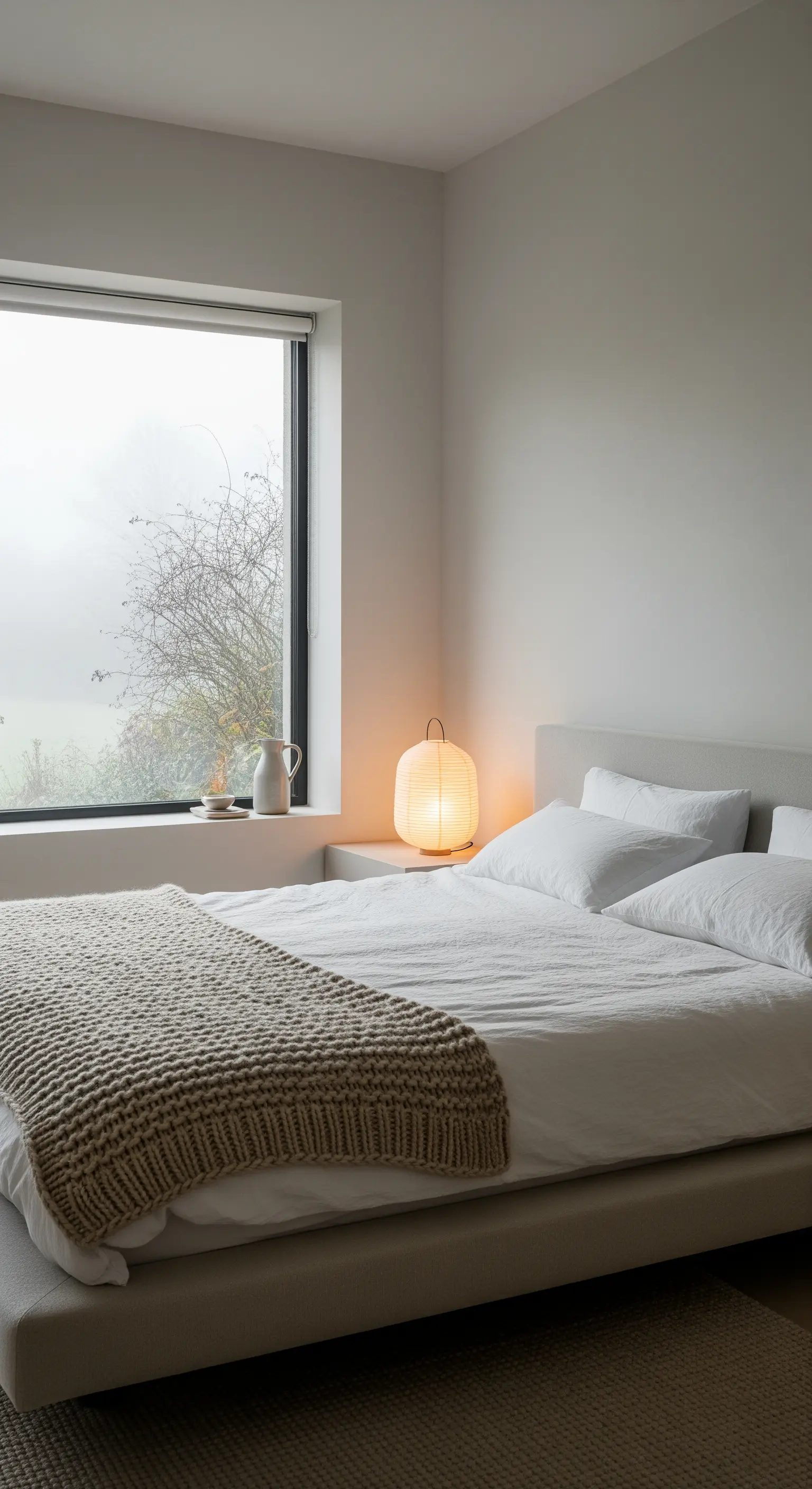 Schlafzimmer mit hellem Bett, Strickdecke und japanisch inspirierter Tischlampe.