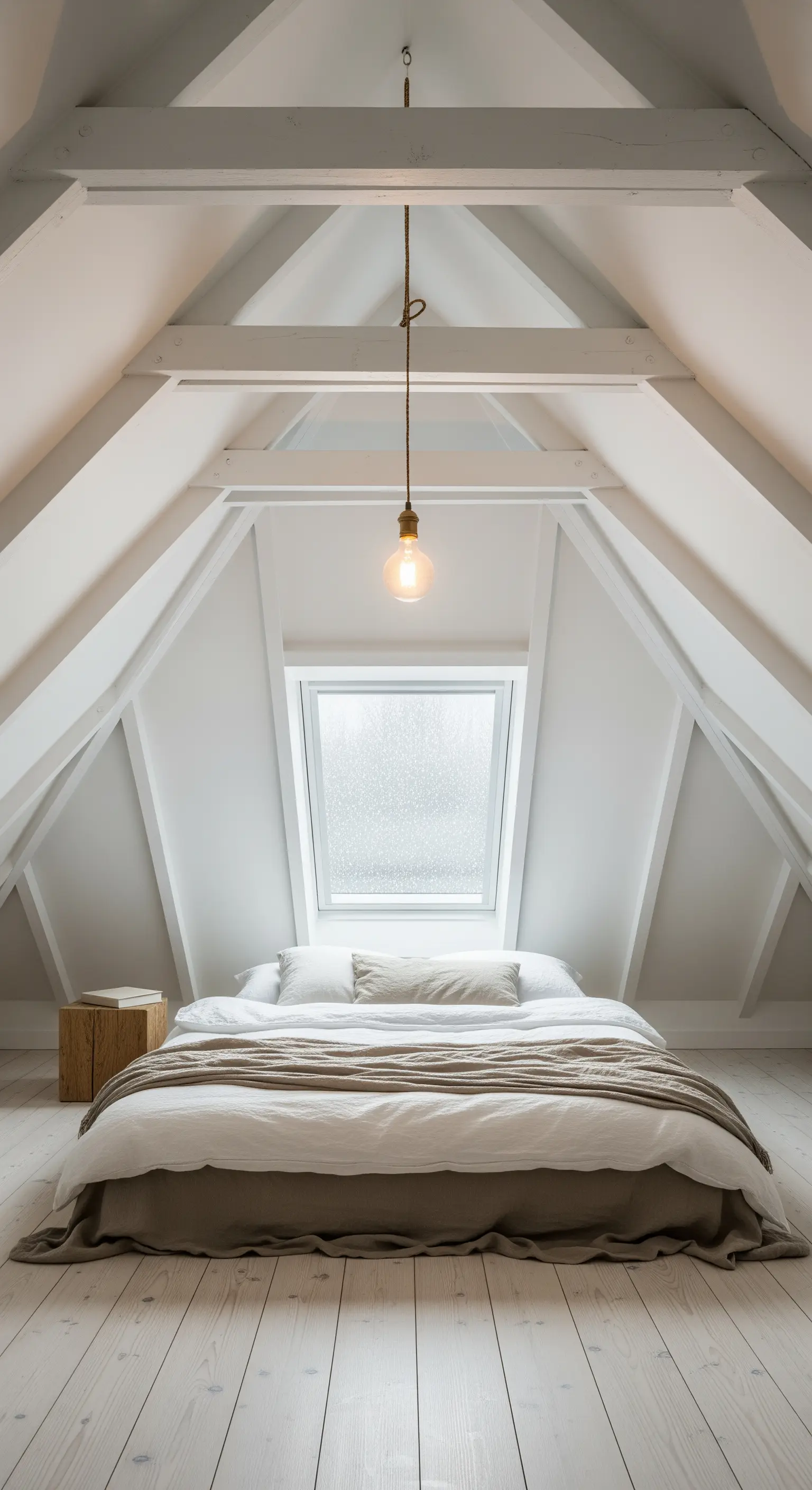 Schlafzimmer unter dem Dach mit hellem Holzbett, Strickdecke und freier Glühbirne.
