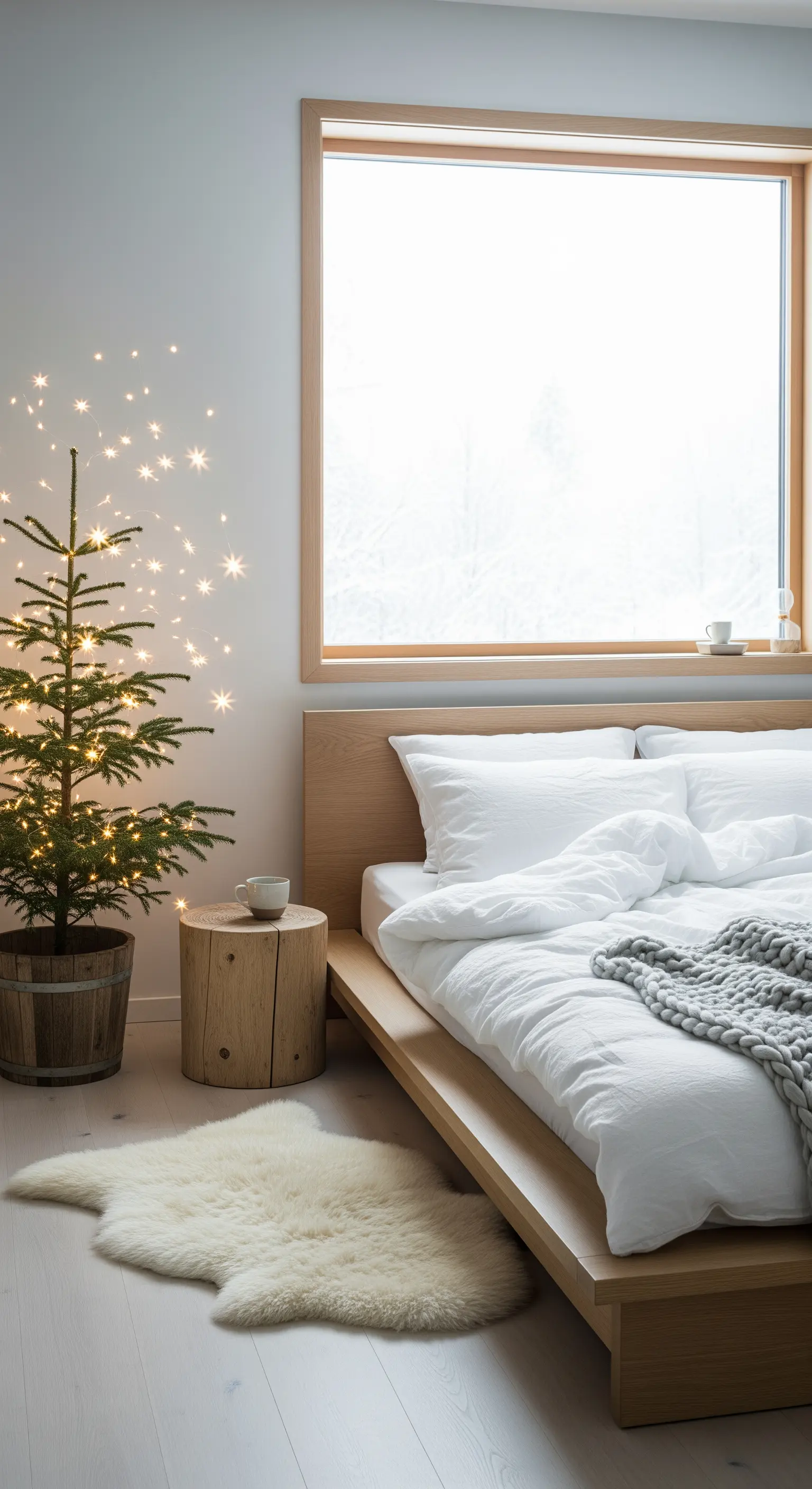 Kleiner Weihnachtsbaum im Schlafzimmer mit Sternenlichtprojektion an der Wand