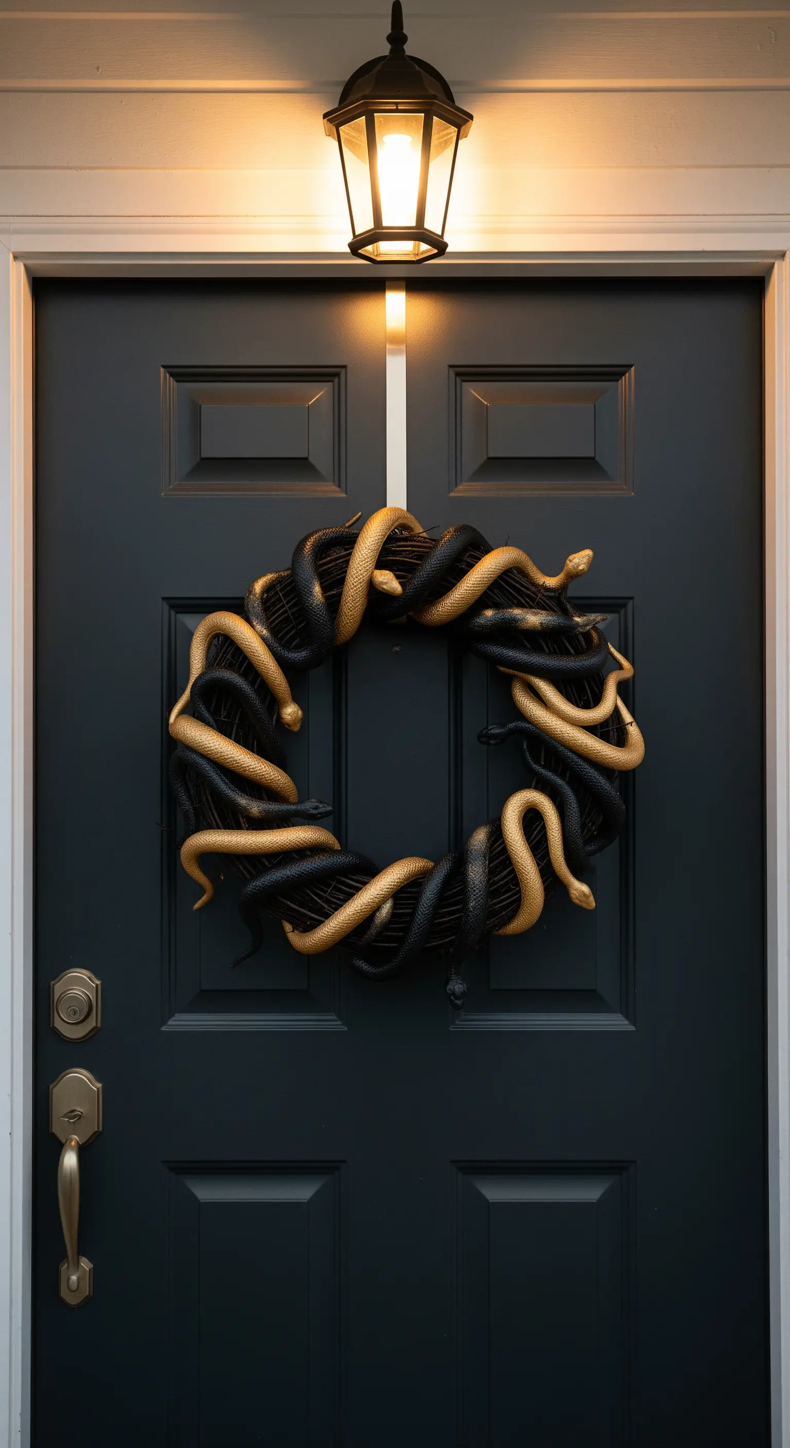 Halloween Türkranz aus schwarzen und goldenen Schlangen an einer dunklen Tür.