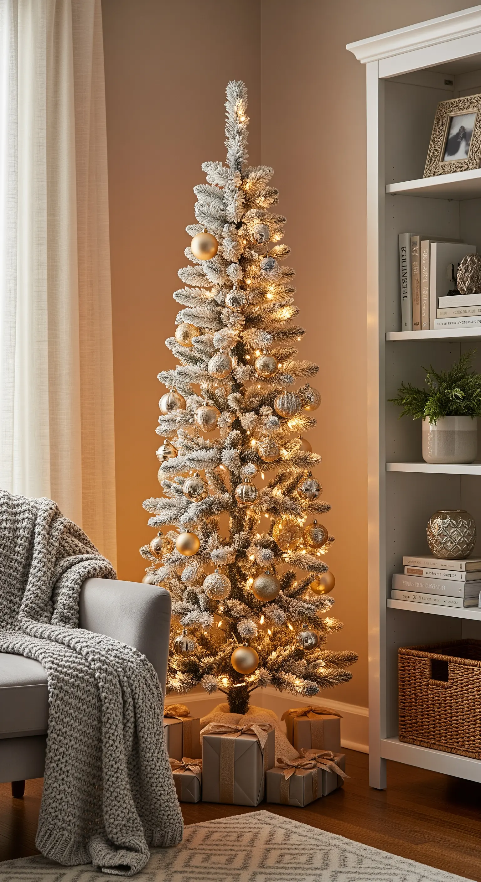 Schlanker, beflockter Weihnachtsbaum mit Gold- und Silberkugeln in kleinem Wohnzimmer.