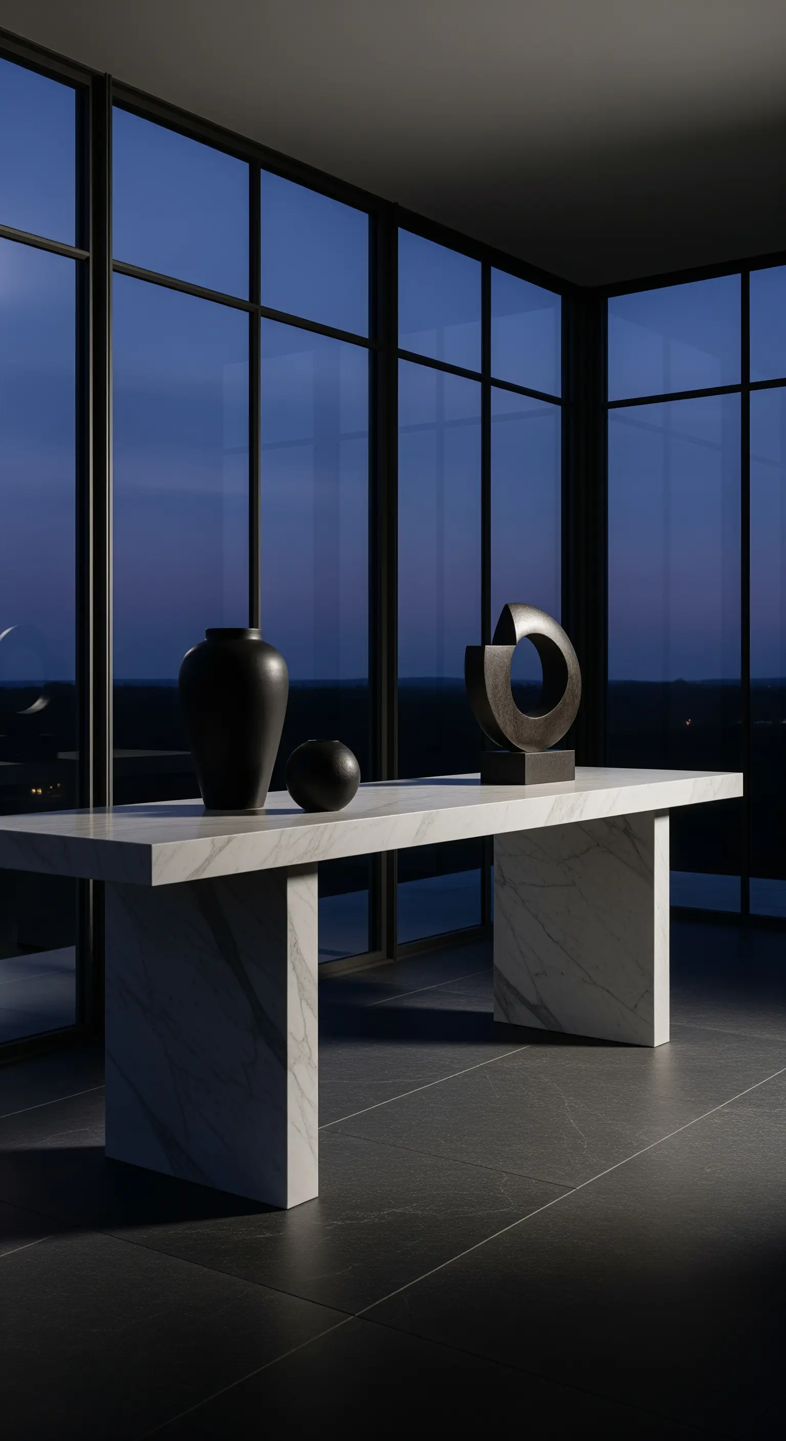 Minimalistische weiße Marmorkonsole in einem Raum mit großen Panoramafenstern