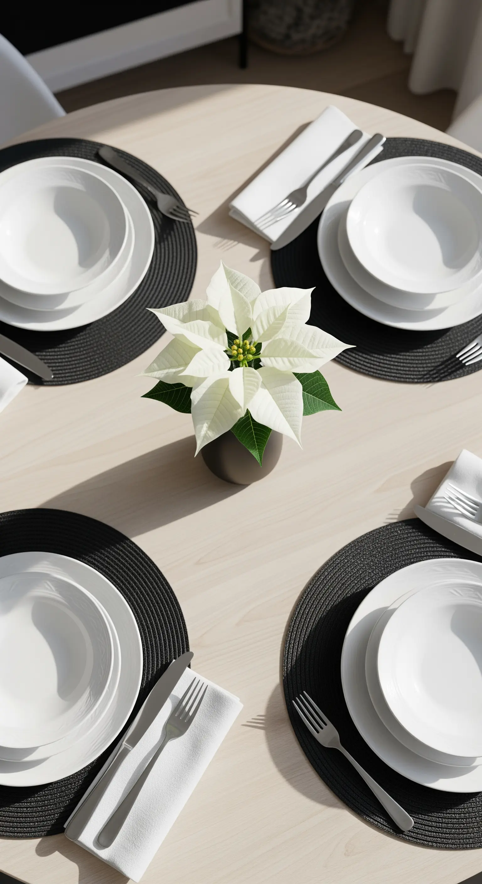 Minimalistischer Esstisch mit schwarzen Platzsets und weißem Weihnachtsstern.