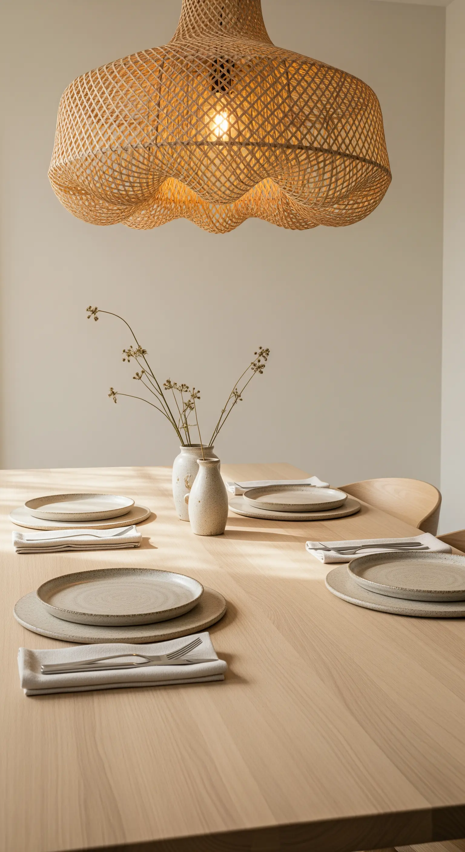 Minimalistischer Essbereich, Holz, Rattan-Blumenleuchte, Trockenblumen