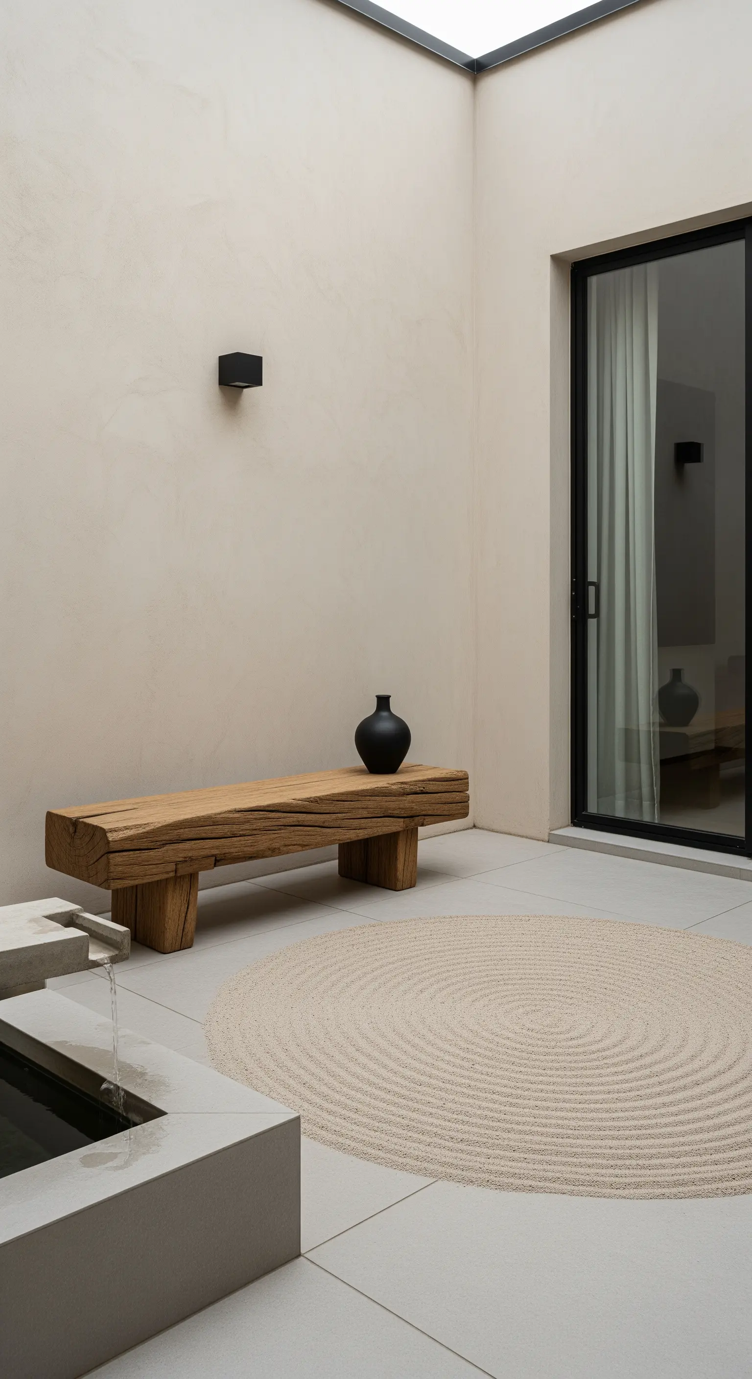 Innenhof mit rustikaler Holzbank, Wasserspiel und geraktem Kies