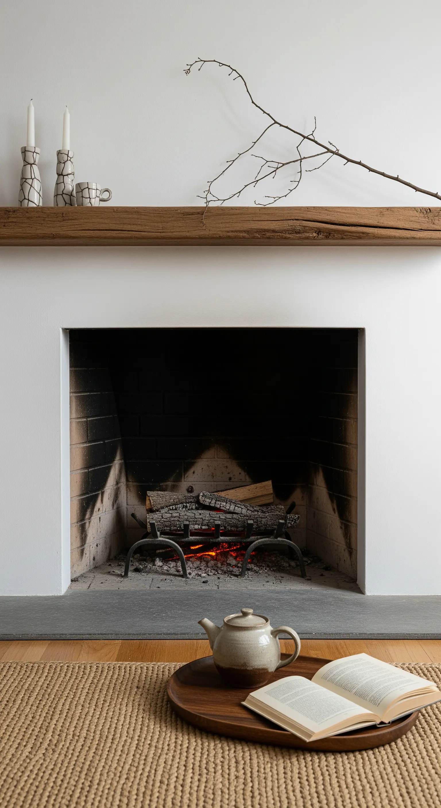 Weißer Kamin mit Holzbalken, Keramik-Kerzenhaltern und Naturast, minimalistisch-natürlich.