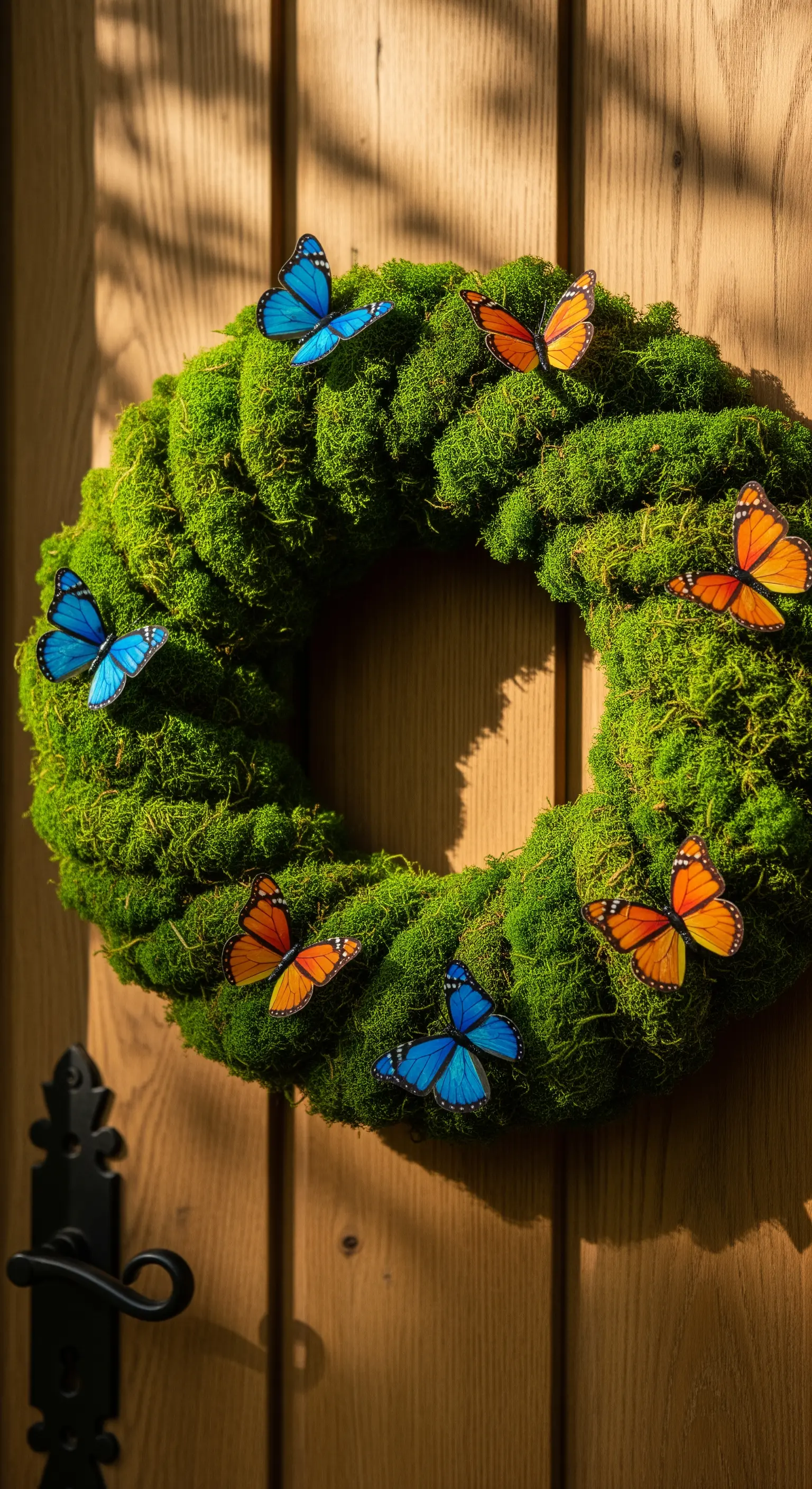 Mooskranz mit bunten Schmetterlingen in Blau und Orange auf einer braunen Holztür.