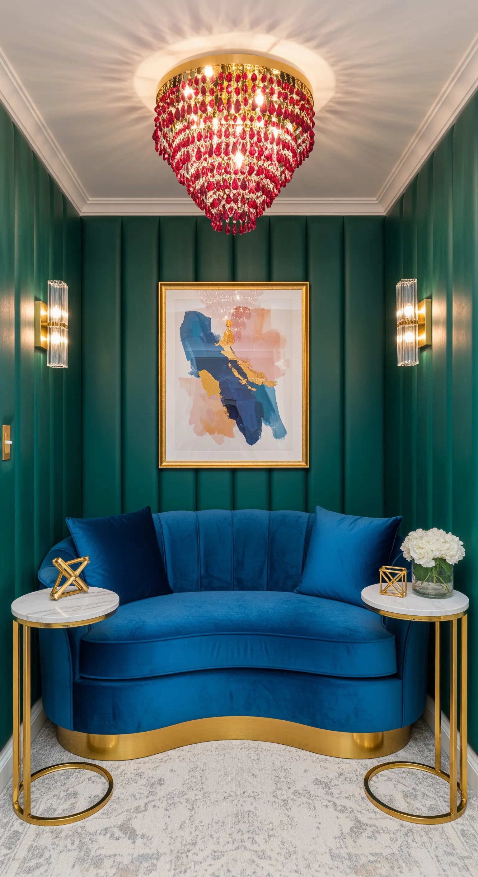 Kleiner, opulenter Kronleuchter mit roten Kristallen in einer dunkelgrünen, gemütlichen Sitzecke.