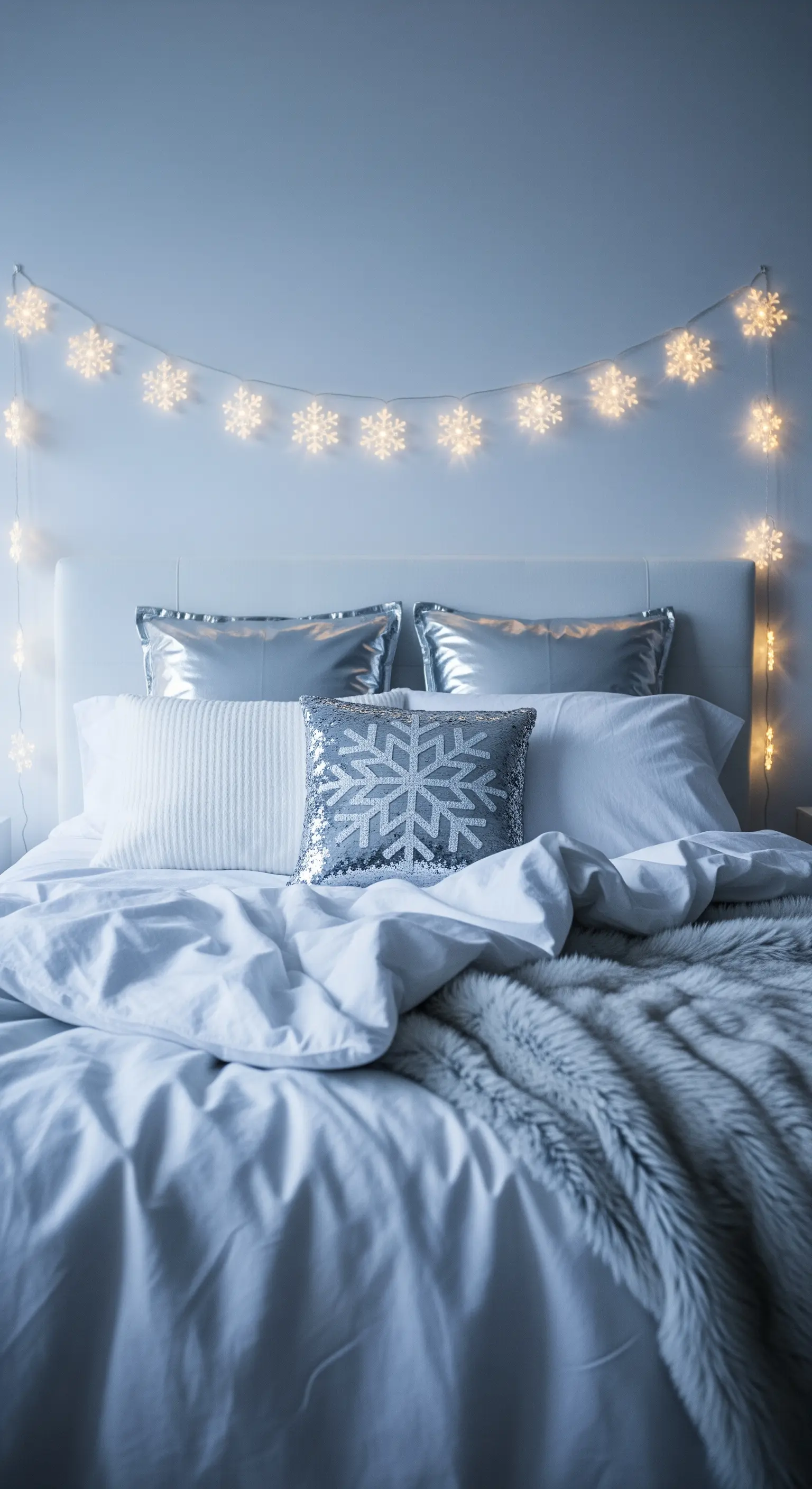 Bett mit weißen Textilien, silbernen Kissen und Schneeflocken-Lichterkette über dem Kopfteil