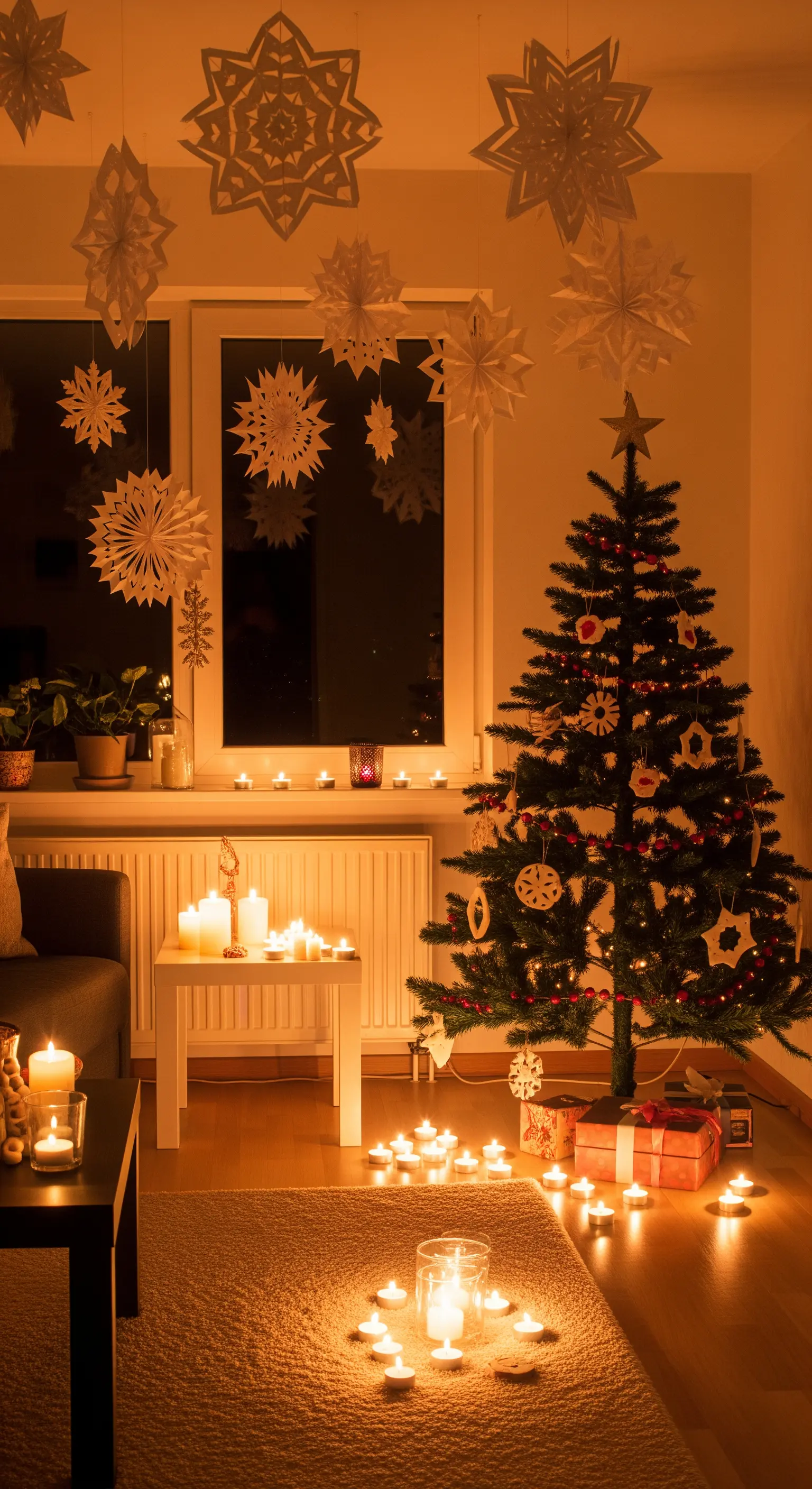 Wohnzimmer mit schwebenden Papier-Schneeflocken, vielen Kerzen und einem kleinen Weihnachtsbaum.