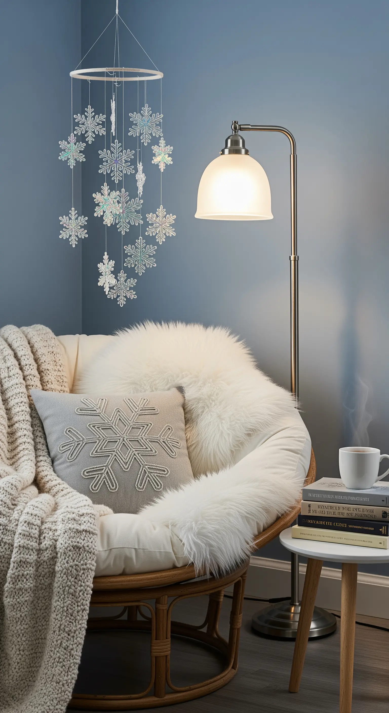Leseecke mit Papasan-Sessel, Fell und schillerndem Schneeflocken-Mobile