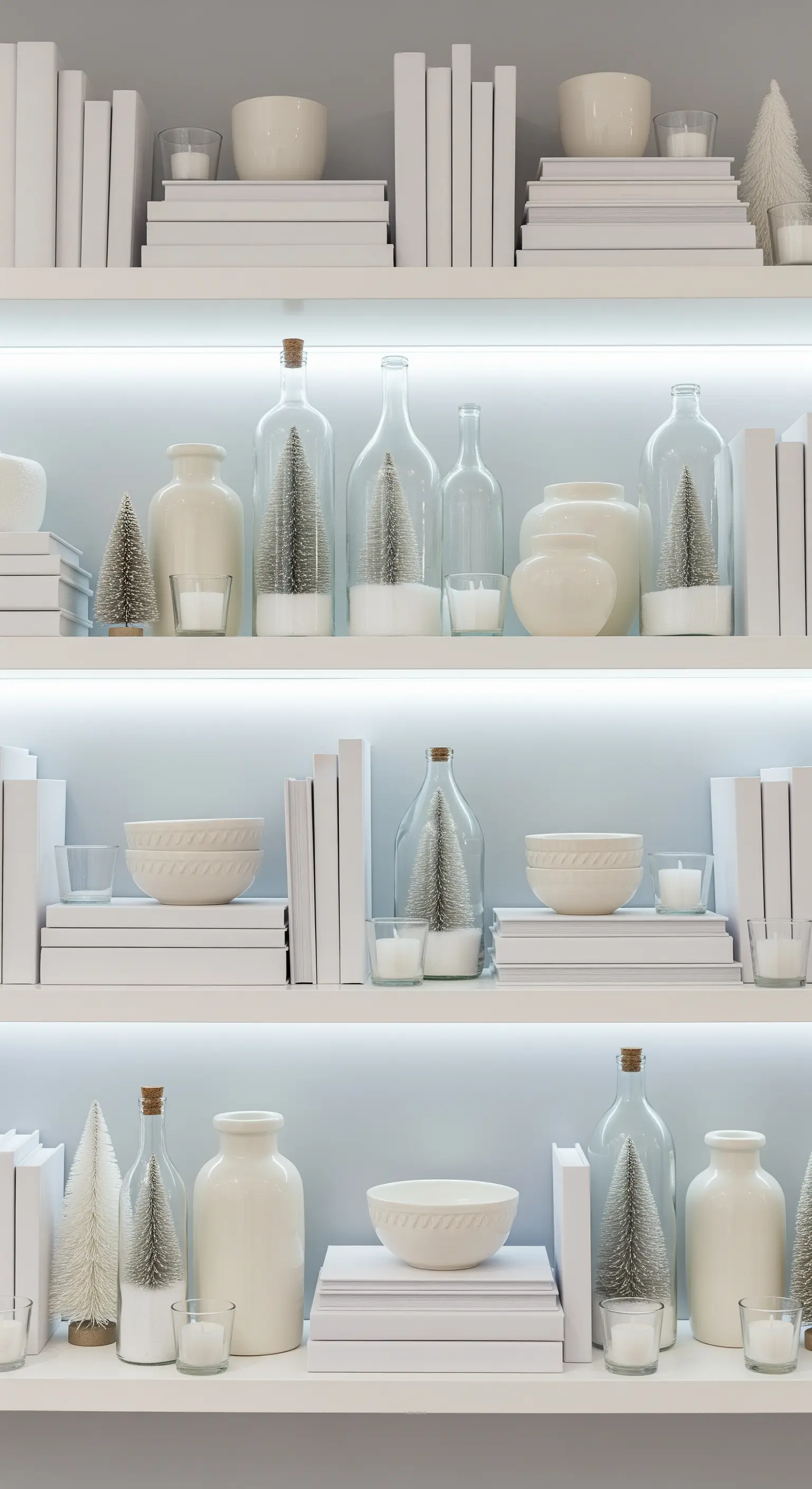 Weiße Regale mit Büchern, Flaschen mit Mini-Tannenbäumen, Schalen und Teelichtern.