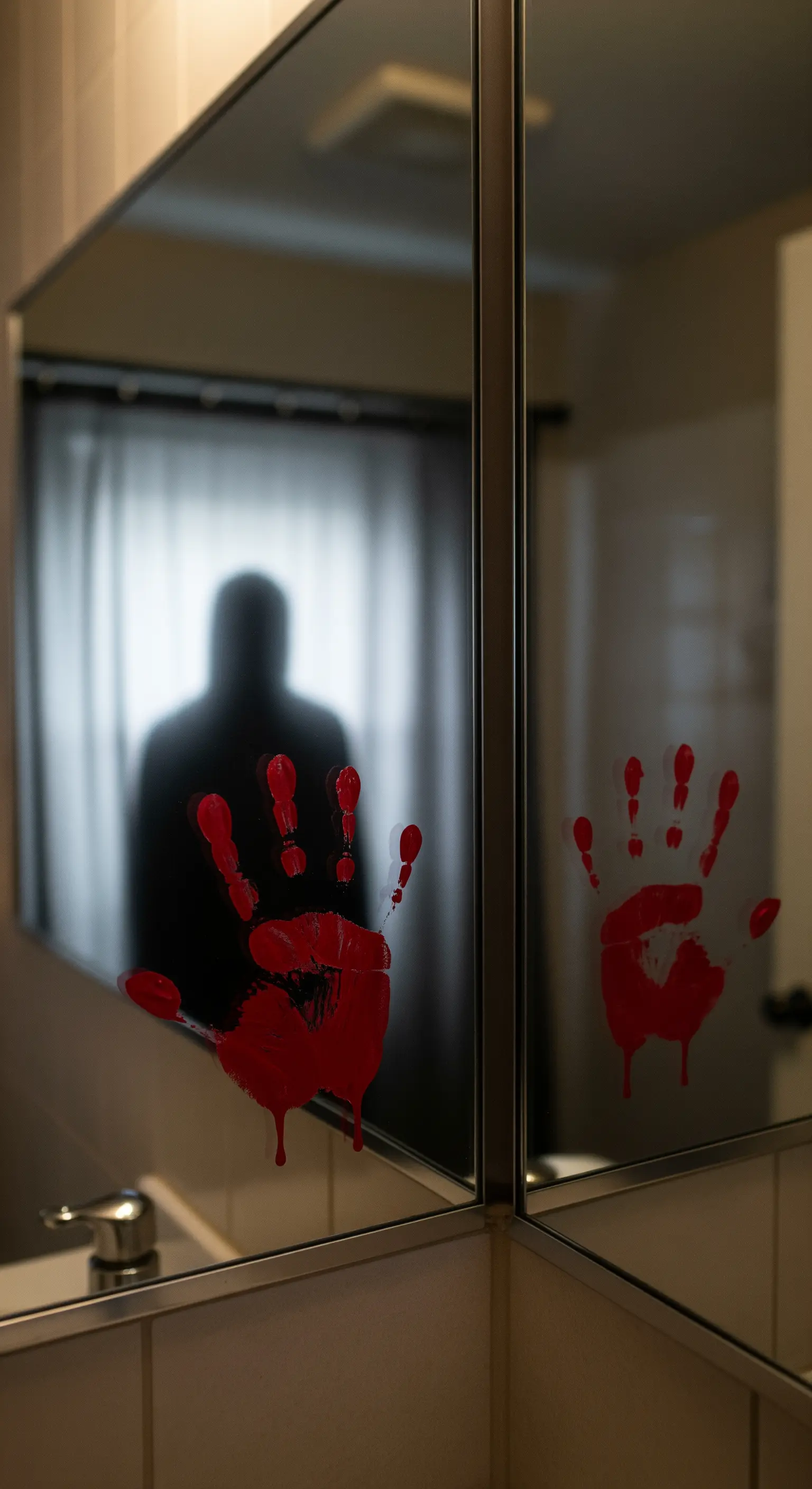 Ein blutiger Handabdruck auf einem Badezimmerspiegel, im Hintergrund ist eine dunkle Silhouette zu sehen.
