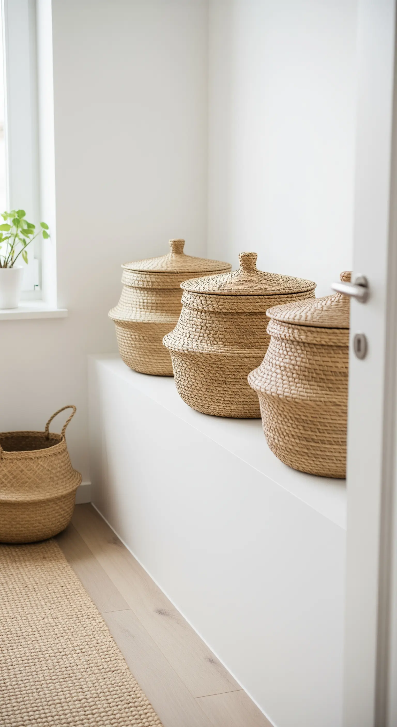 Drei große, geflochtene Seegras-Körbe mit Deckeln stehen auf einer weißen Bank.