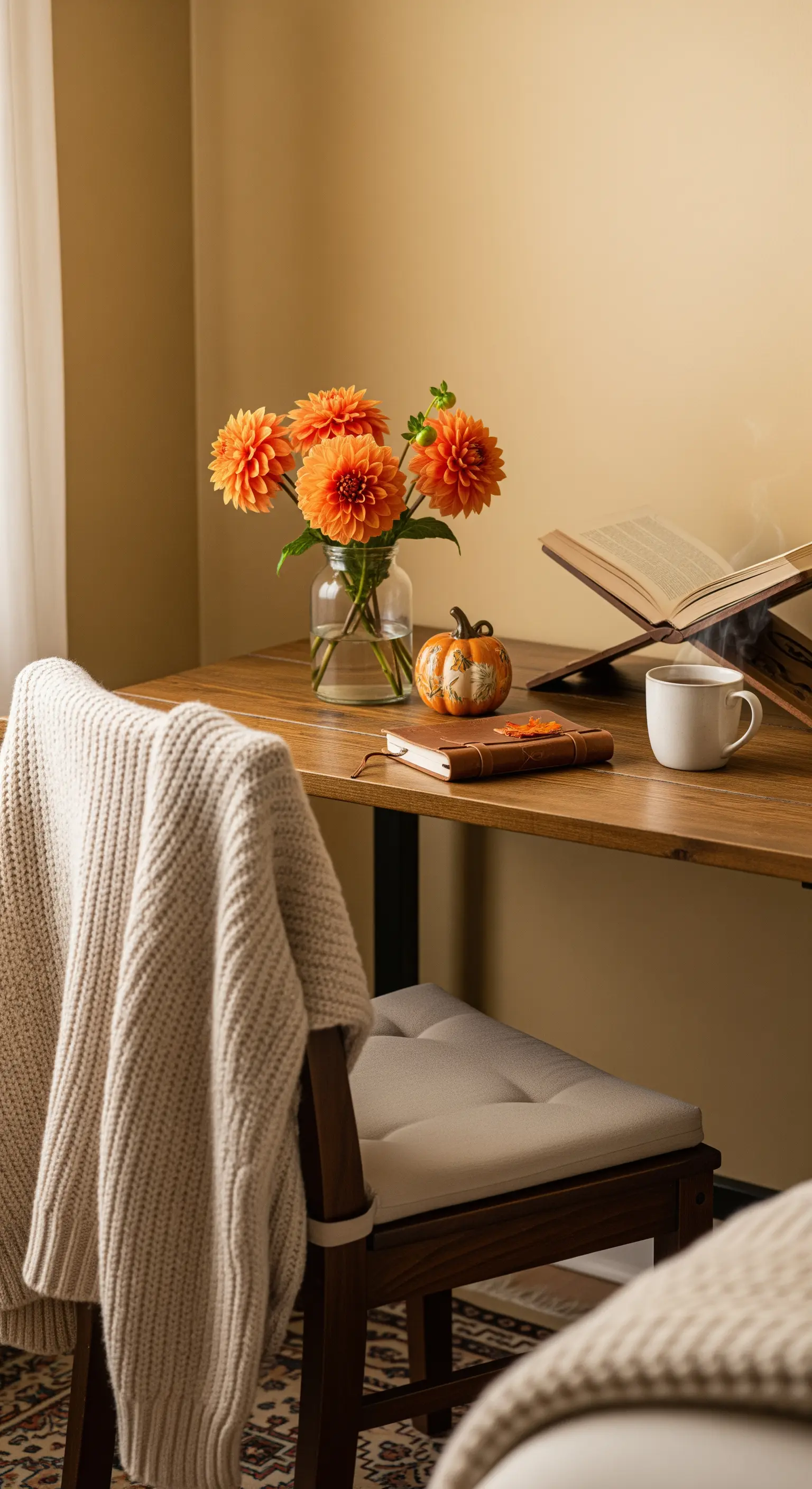 Herbstliche Schreibtischdeko mit orangen Dahlien, Zierkürbis und Büchern