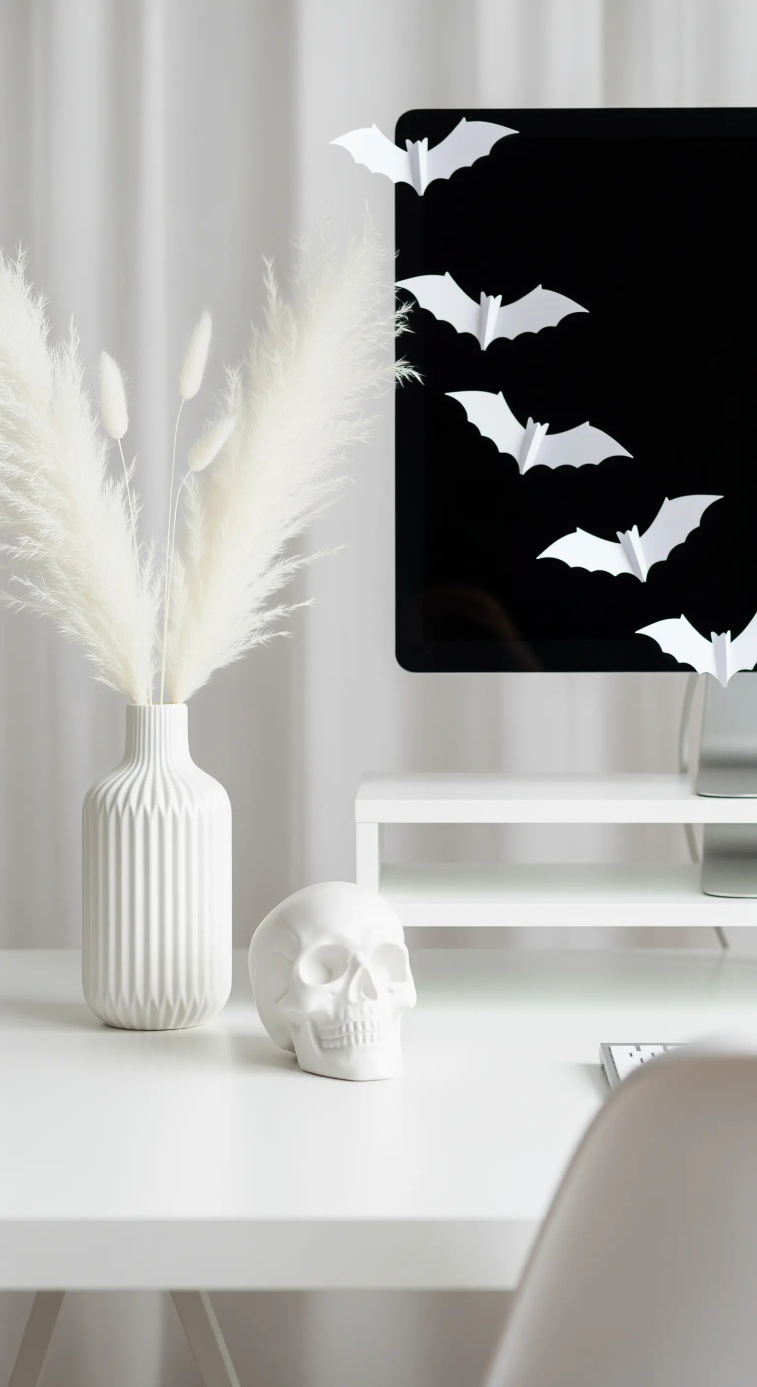 Weißer Schreibtisch mit Pampasgras, weißem Schädel und Papierfledermäusen