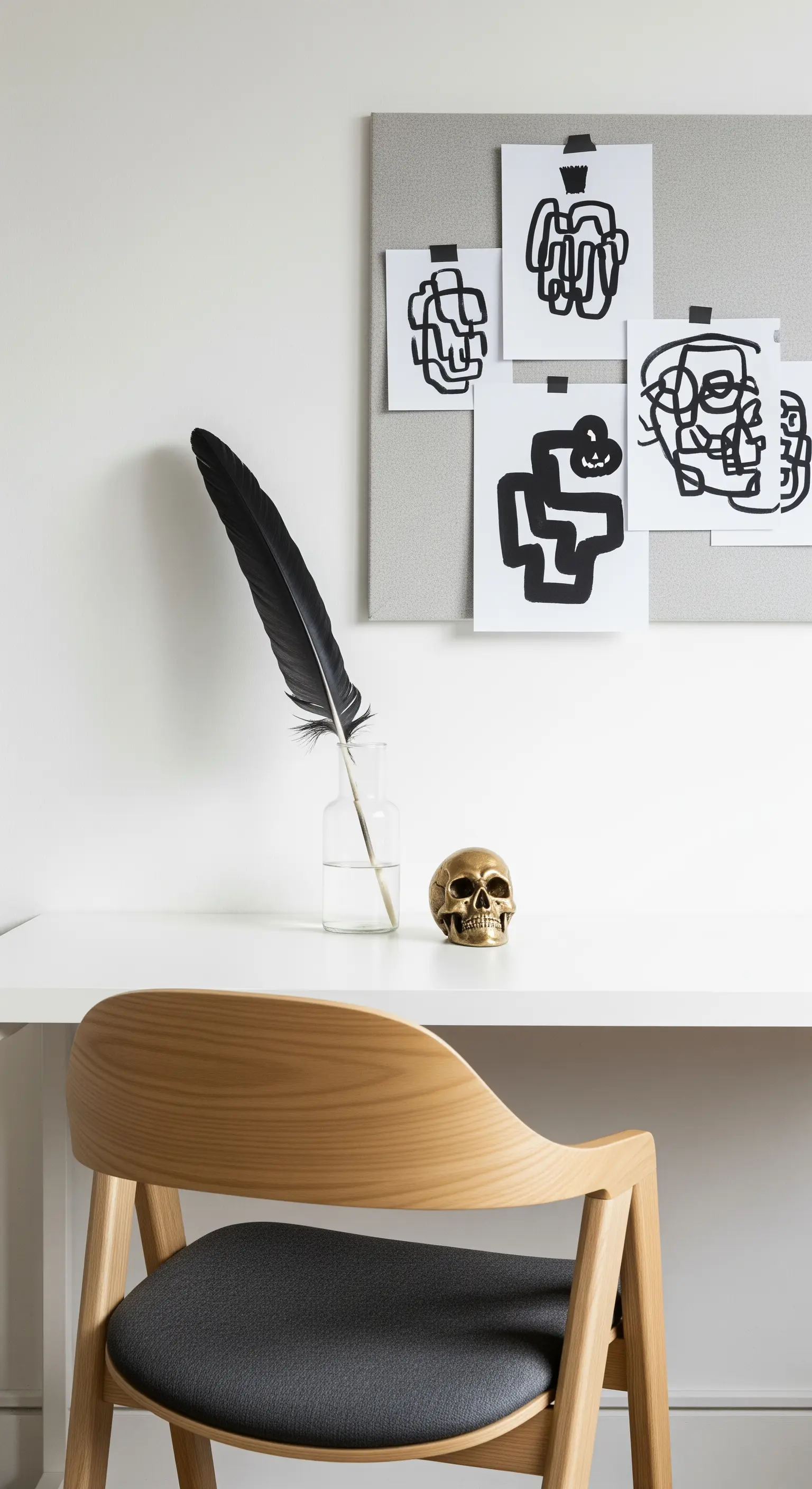 Minimalistischer Schreibtisch mit goldenem Schädel, Feder und abstrakten Bildern.