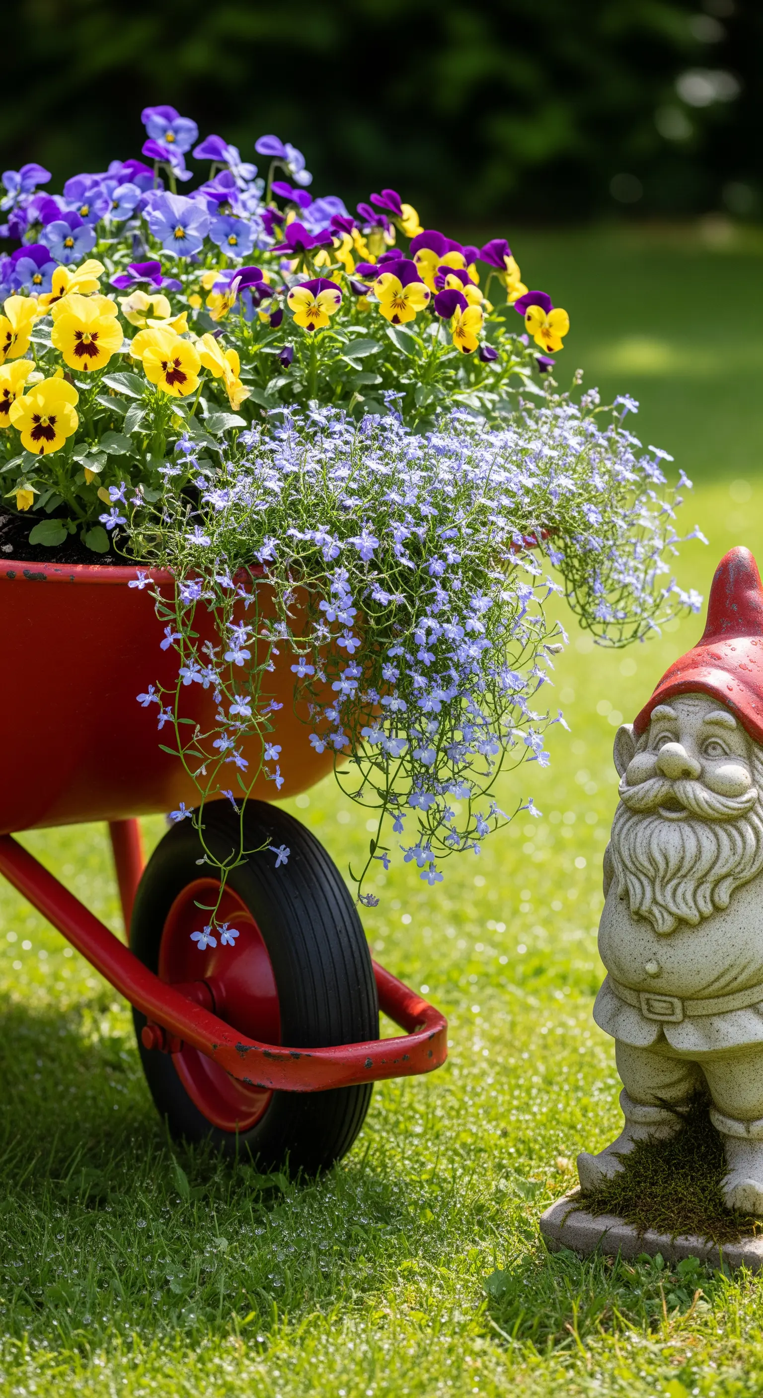 Rote Schubkarre, bepflanzt mit Stiefmütterchen und Lobelien, neben einem Gartenzwerg.