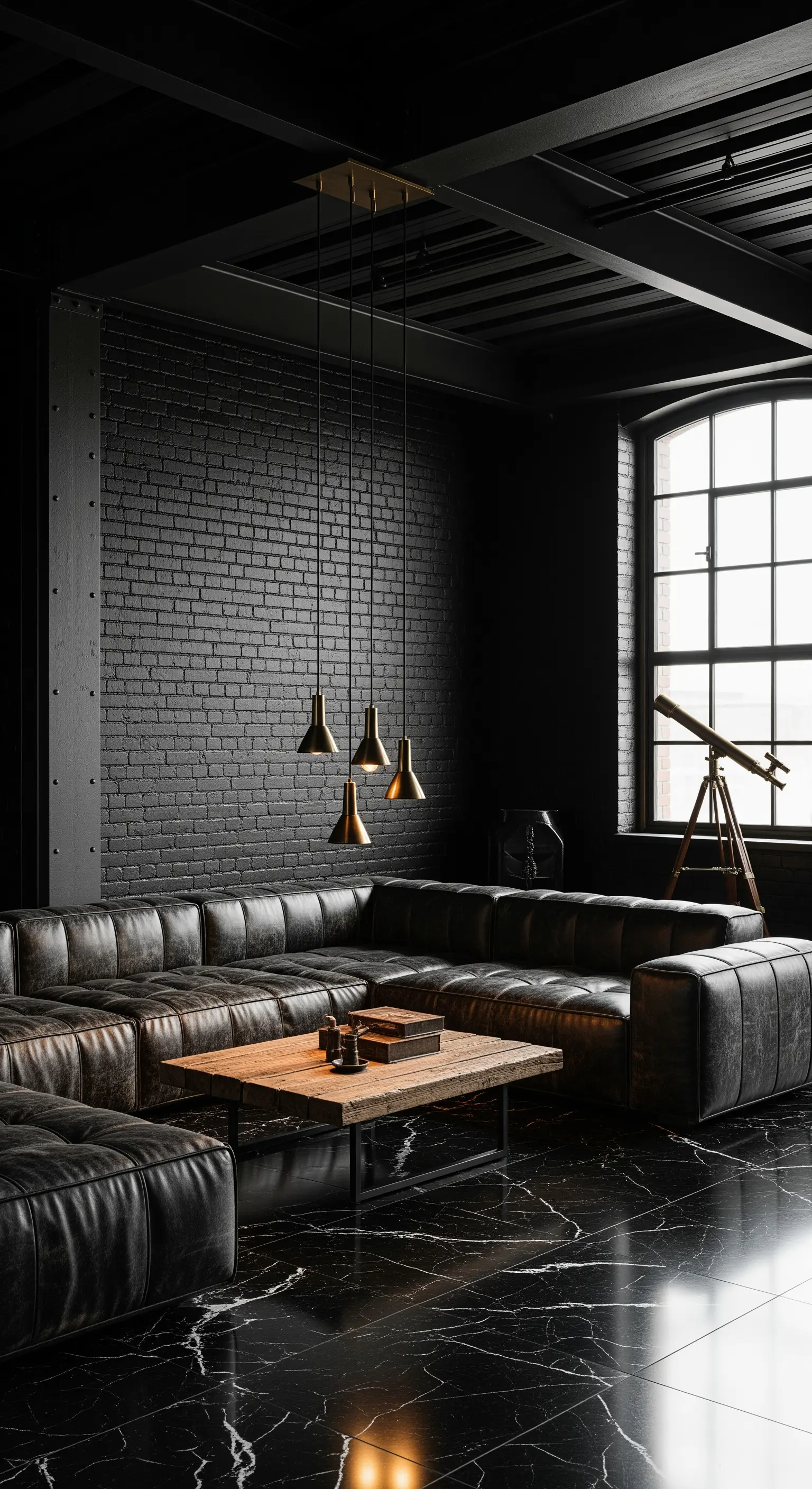 Verschiedene schwarze Texturen: Backstein, Leder und Marmor in einem Raum.