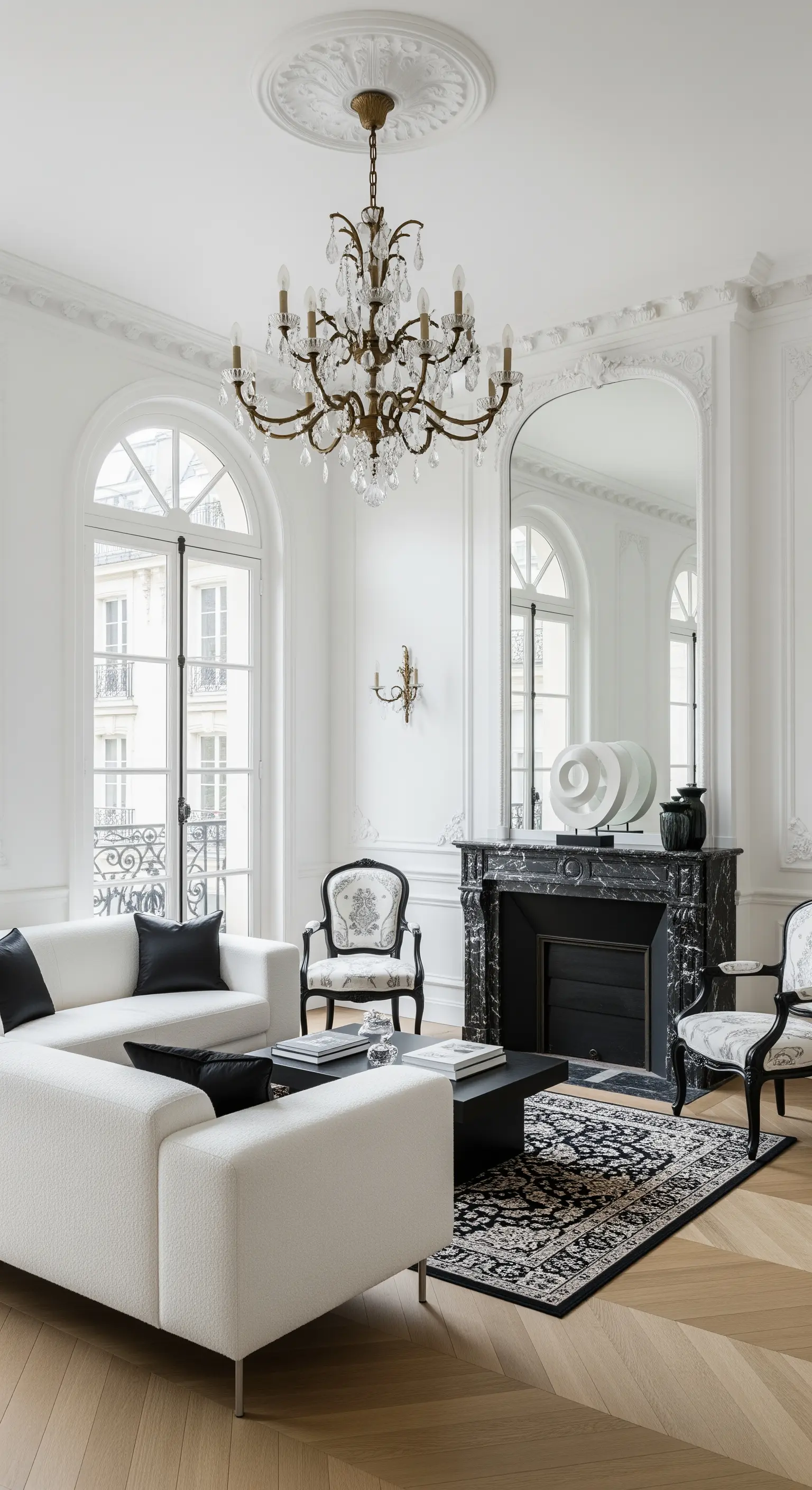 Elegantes Wohnzimmer in Schwarz-Weiß mit Bouclé-Sofa und Marmorkamin.