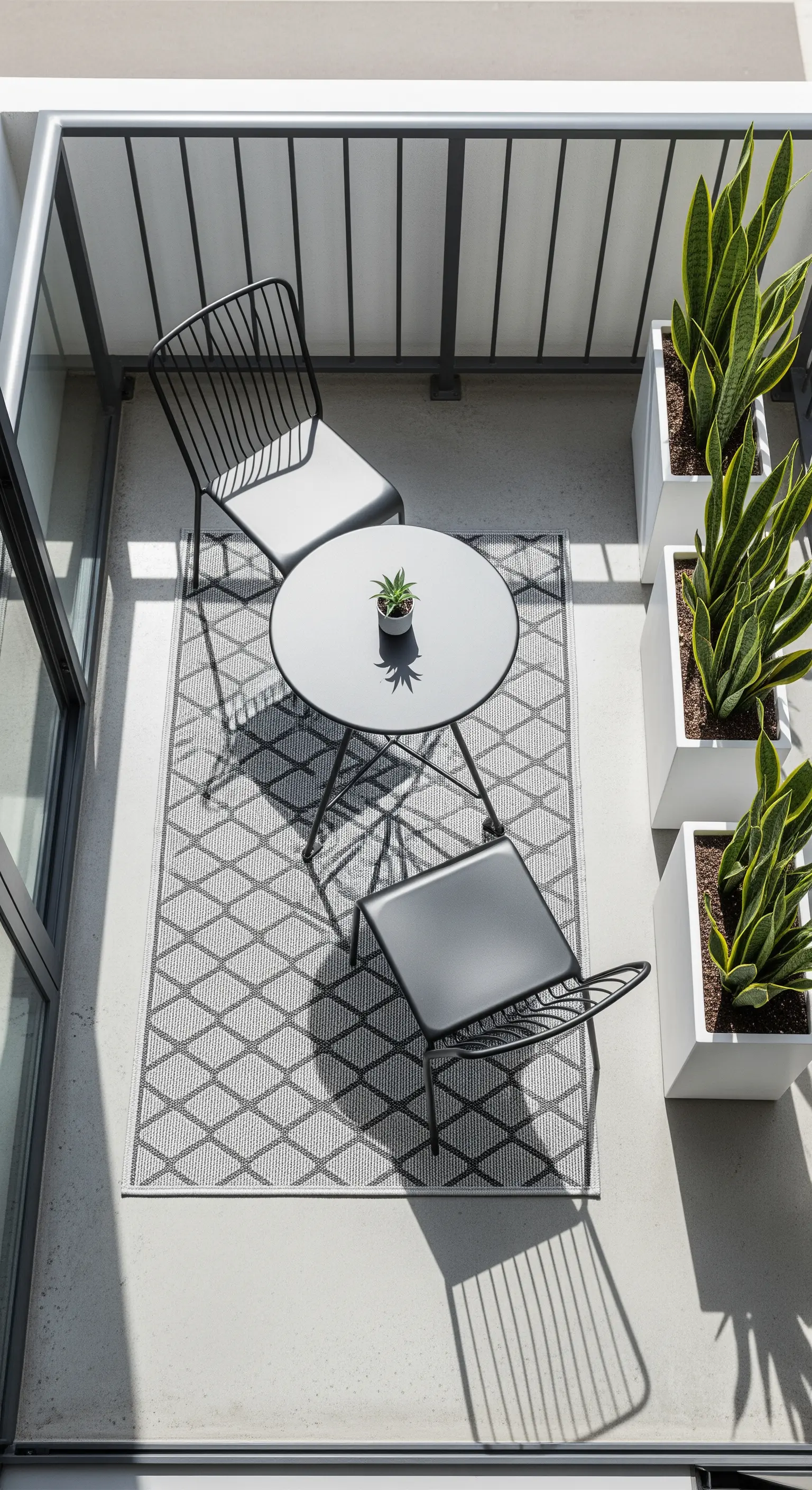 Moderner Balkon mit grafischem Teppich und Bogenhanf in weißen Kübeln