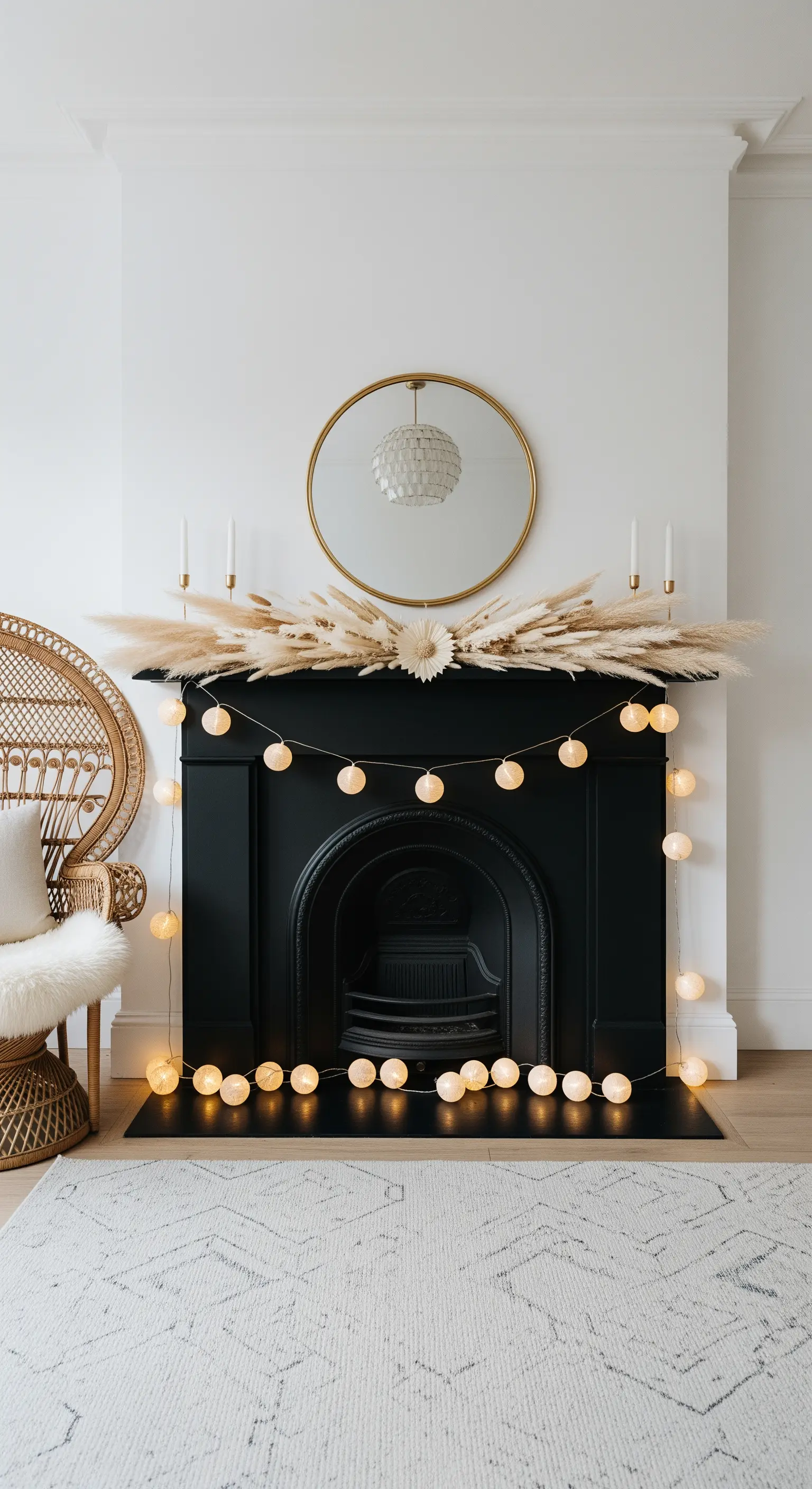 Schwarzer Kamin mit hellem Trockenblumengesteck und Lichterkette