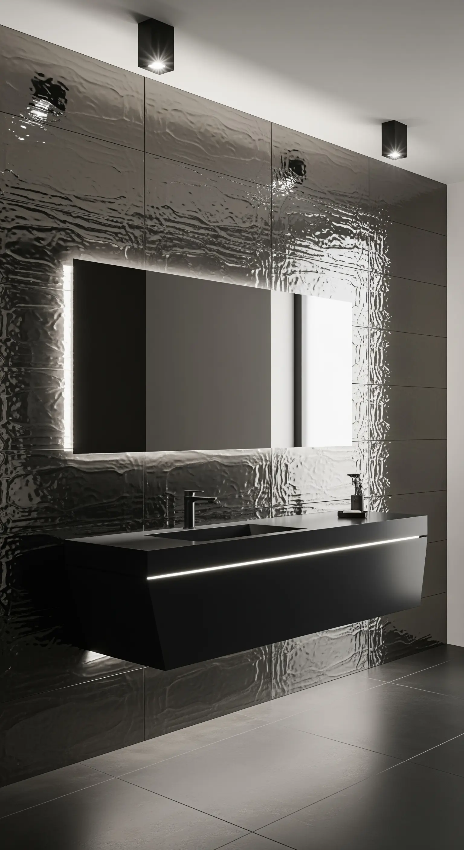 Modernes schwarzes Badezimmer mit hochglänzenden, strukturierten Wandfliesen.