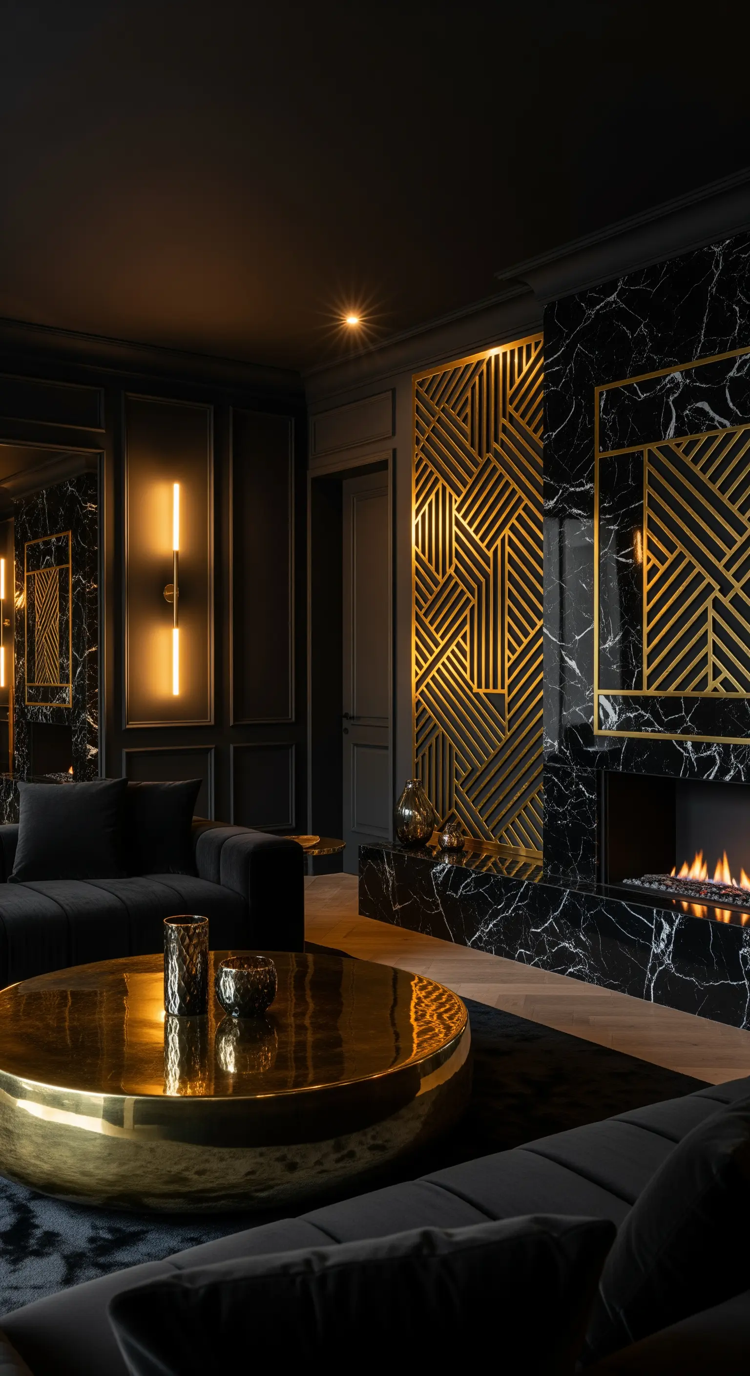 Dunkles Luxus-Wohnzimmer mit schwarzem Marmorkamin und goldenem Gitter.