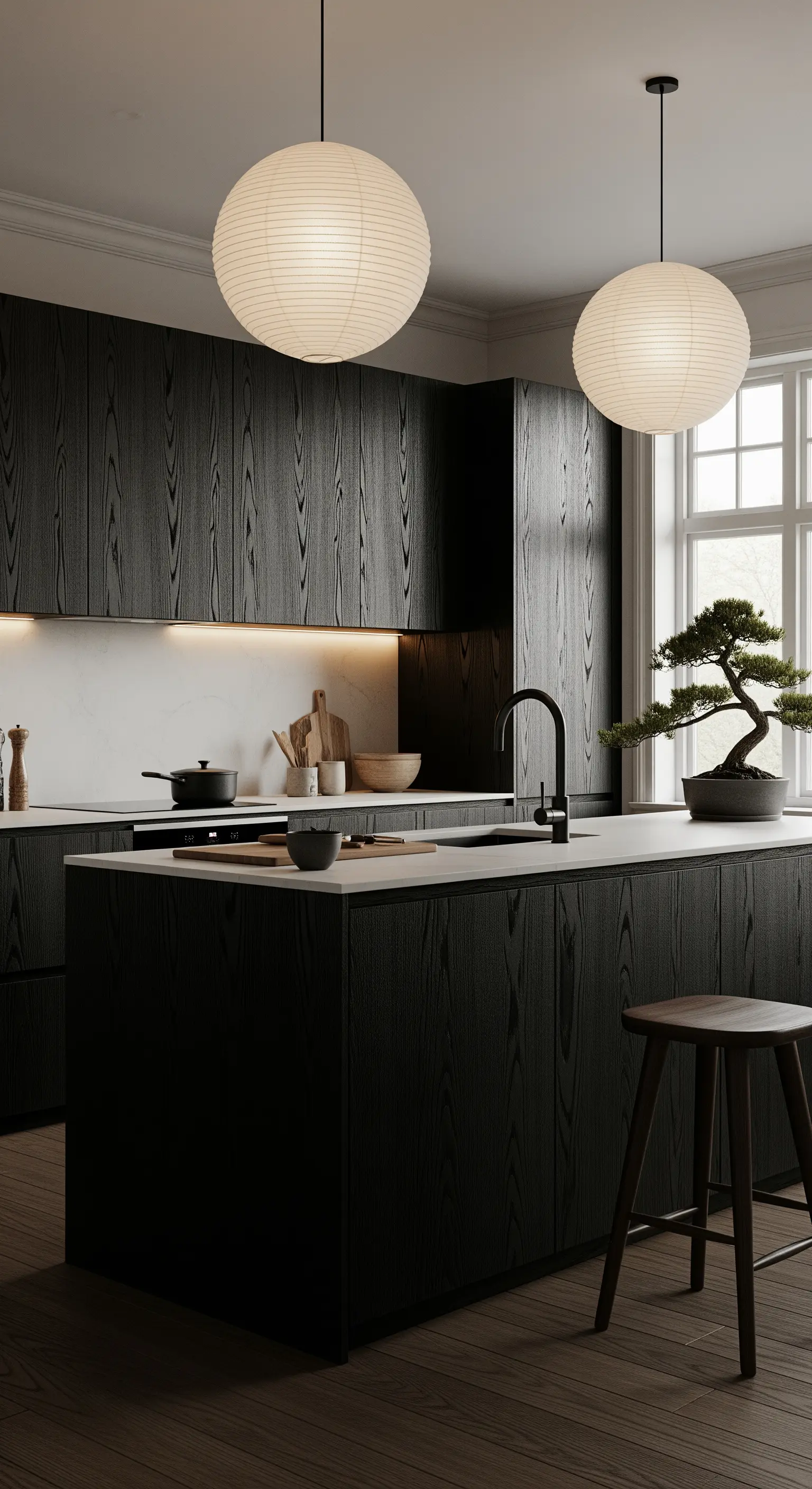 Küche aus schwarz gebeiztem Holz mit zwei großen, runden Papierleuchten