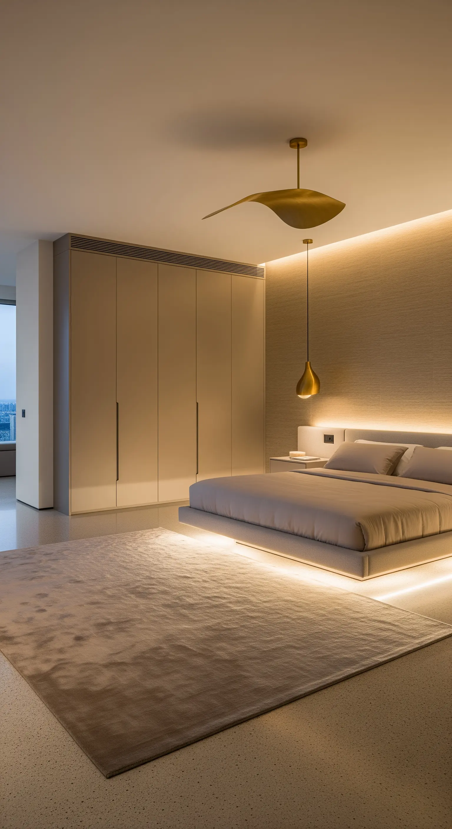 Modernes Schlafzimmer mit indirekter LED-Beleuchtung unter einem schwebenden Bett.