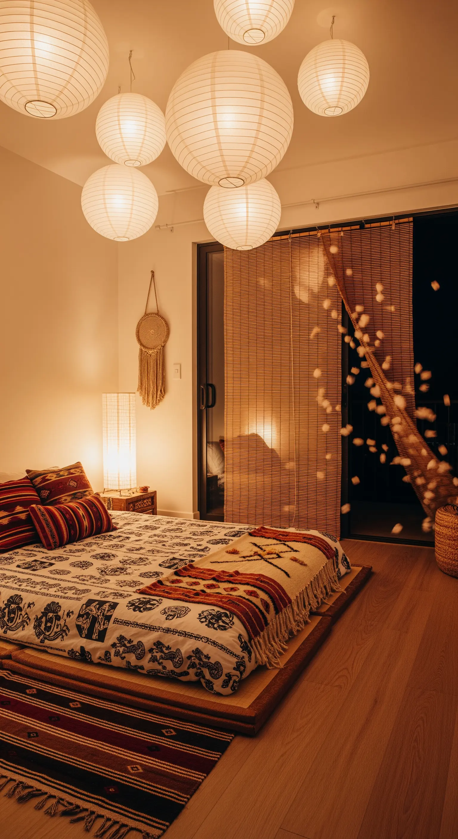 Boho-Schlafzimmer mit einer Gruppe von leuchtenden Papierlaternen über einem niedrigen Bett.