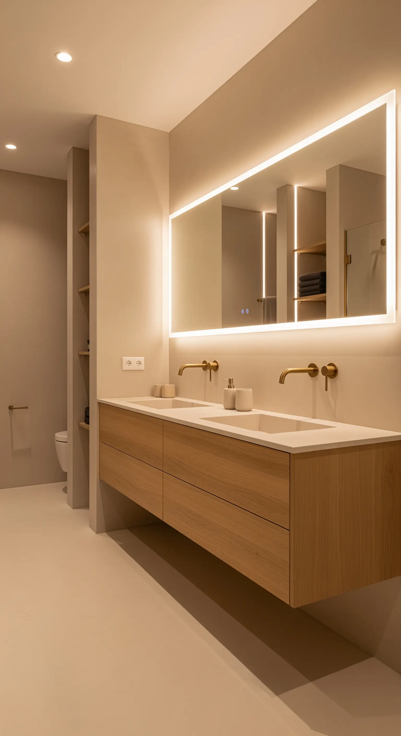 Moderner Waschtisch aus hellem Holz mit großem, hinterleuchtetem Spiegel in einem beigefarbenen Bad.