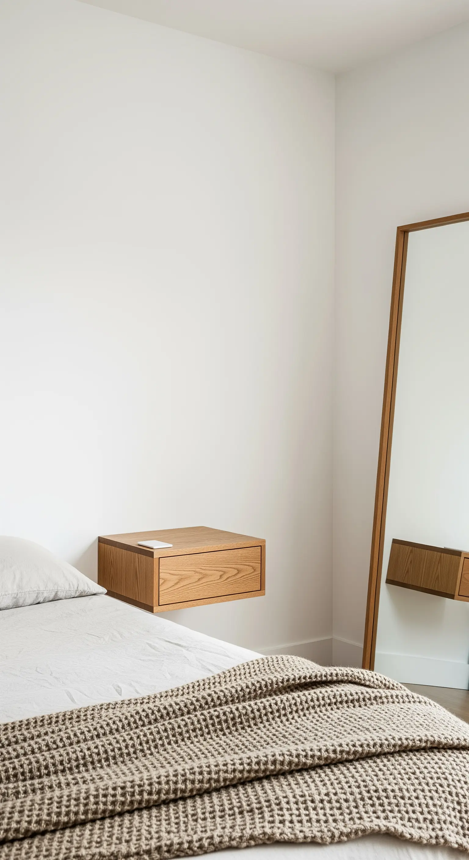 Schwebender Nachttisch aus Holz neben einem Bett mit einer Waffeldecke.