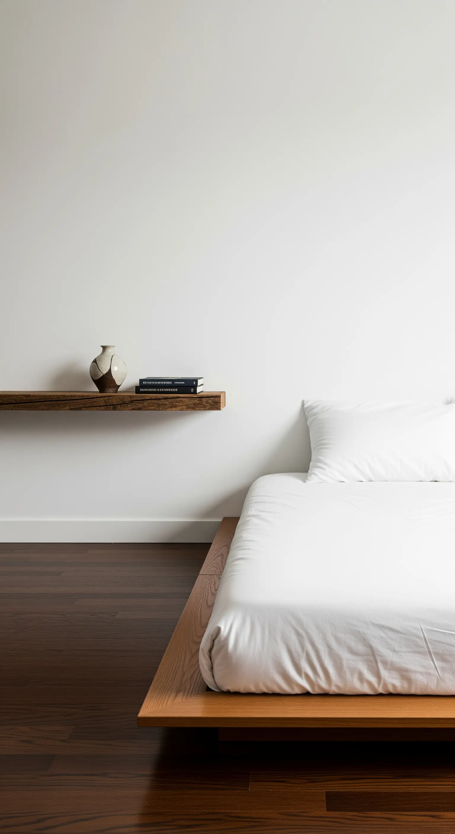 Minimalistisches Schlafzimmer mit einem schwebenden Holzregal neben einem bodentiefen Bett.
