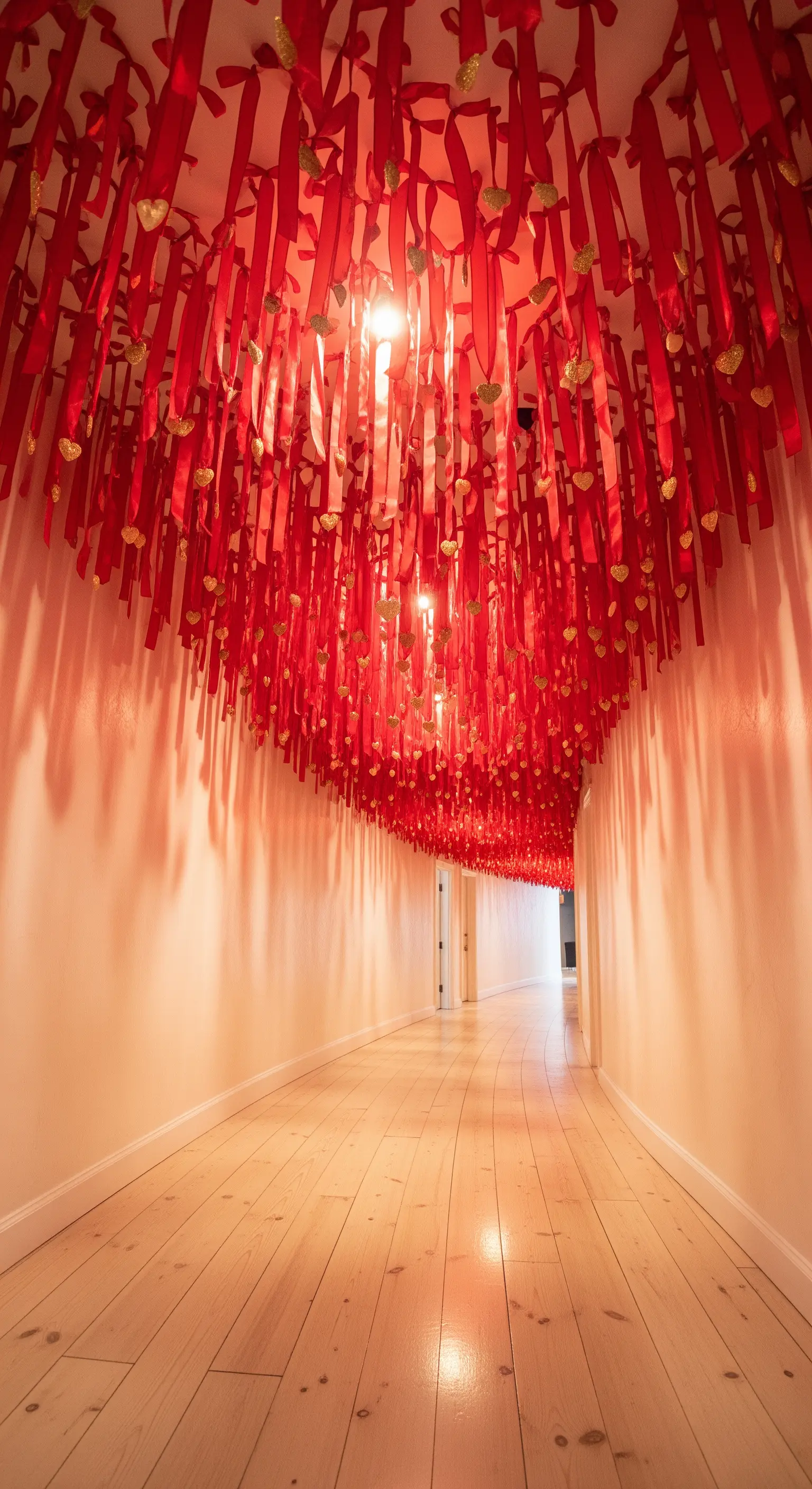 Flur mit roten Bändern und kleinen Herzen, die von der Decke hängen.