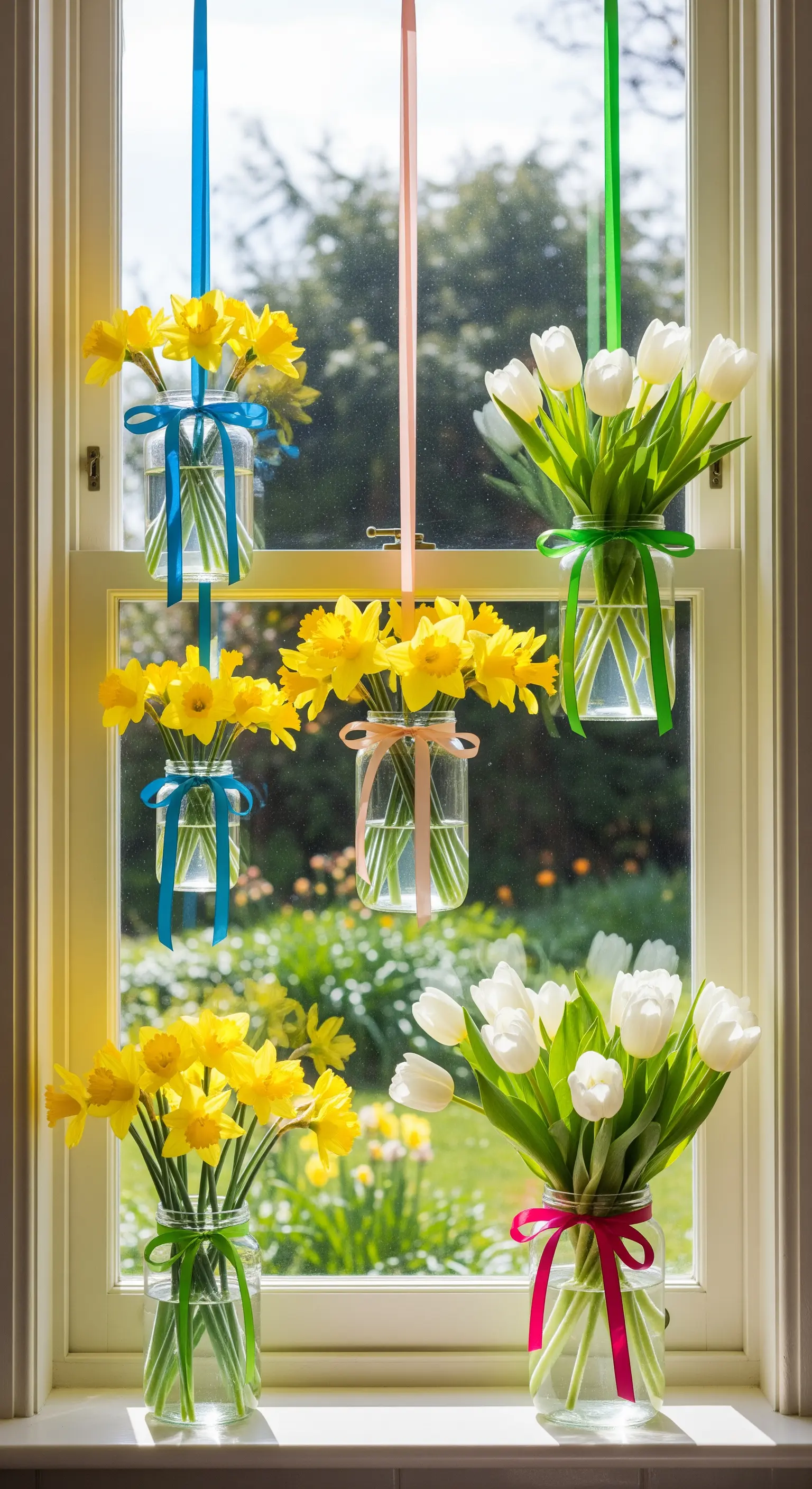 Hängende Vasen mit Narzissen und Tulpen vor einem sonnigen Fenster