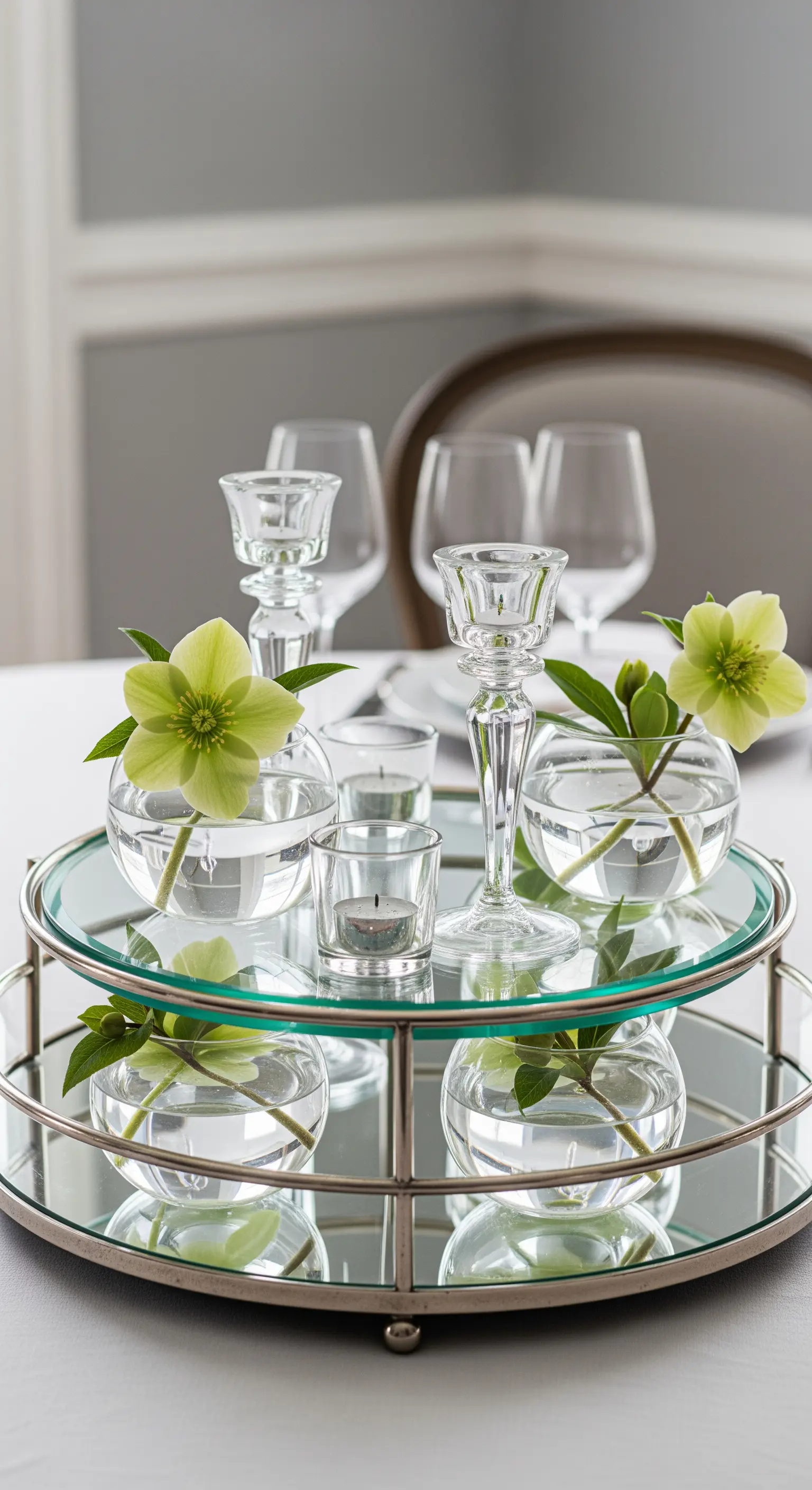 Glas-Etagere mit schwimmenden Helleborus-Blüten
