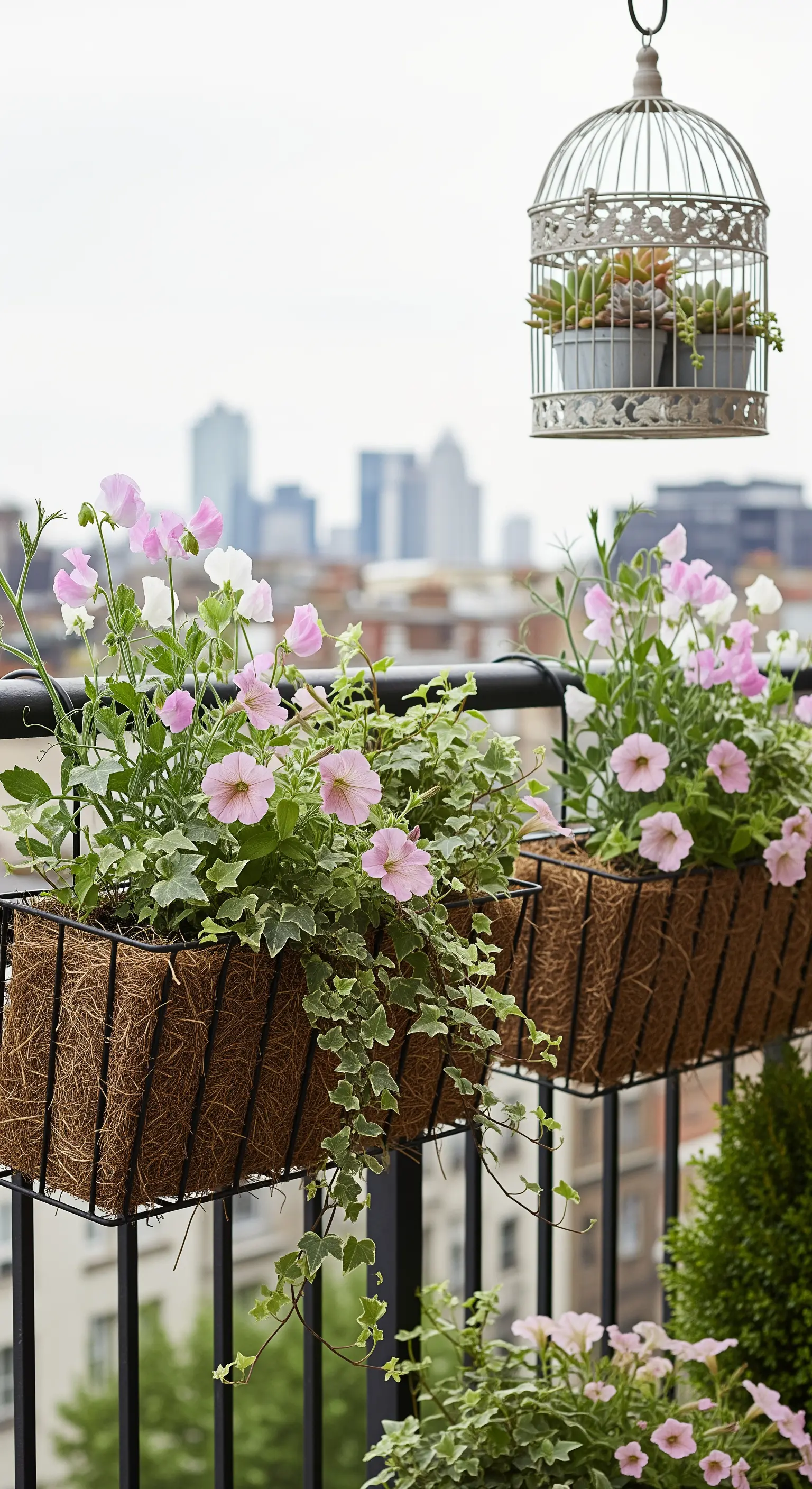 Balkongeländer mit hängenden Kästen voller Wicken und Efeu, Vogelkäfig-Deko