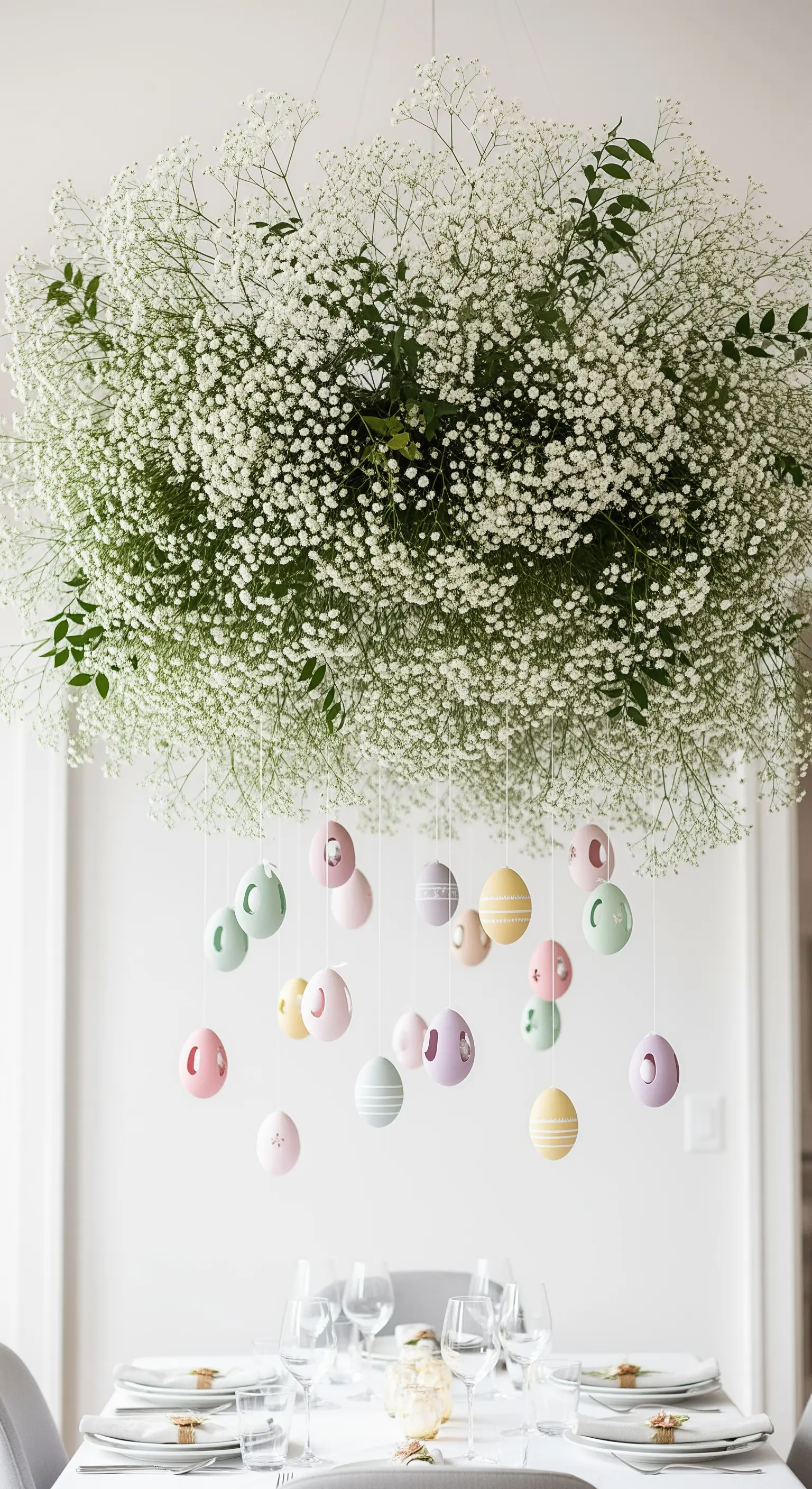 Schwebende Installation aus Schleierkraut und hängenden Ostereiern über dem Esstisch.