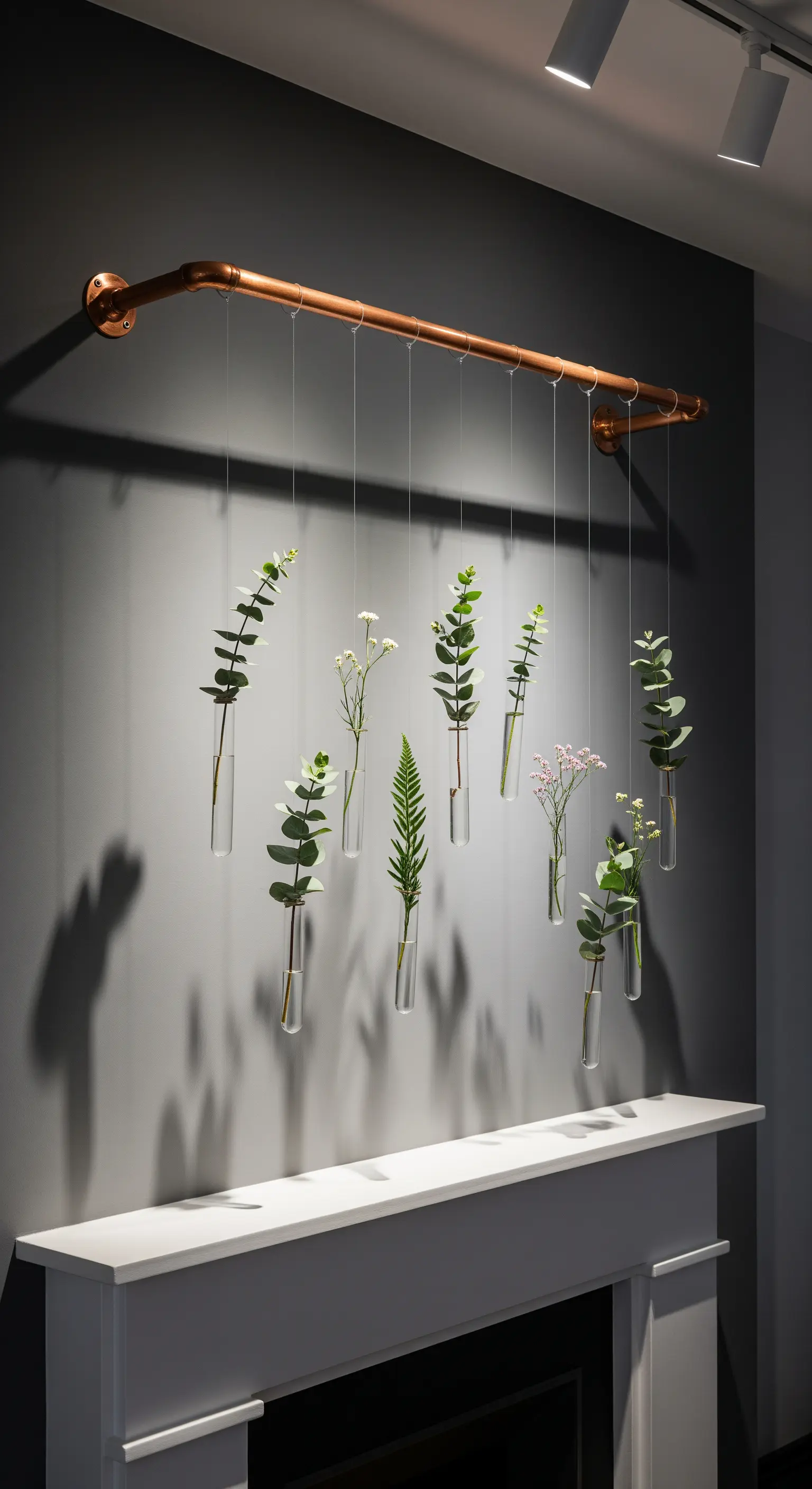 Hängende Reagenzgläser mit einzelnen Pflanzenstielen über einem Kamin.