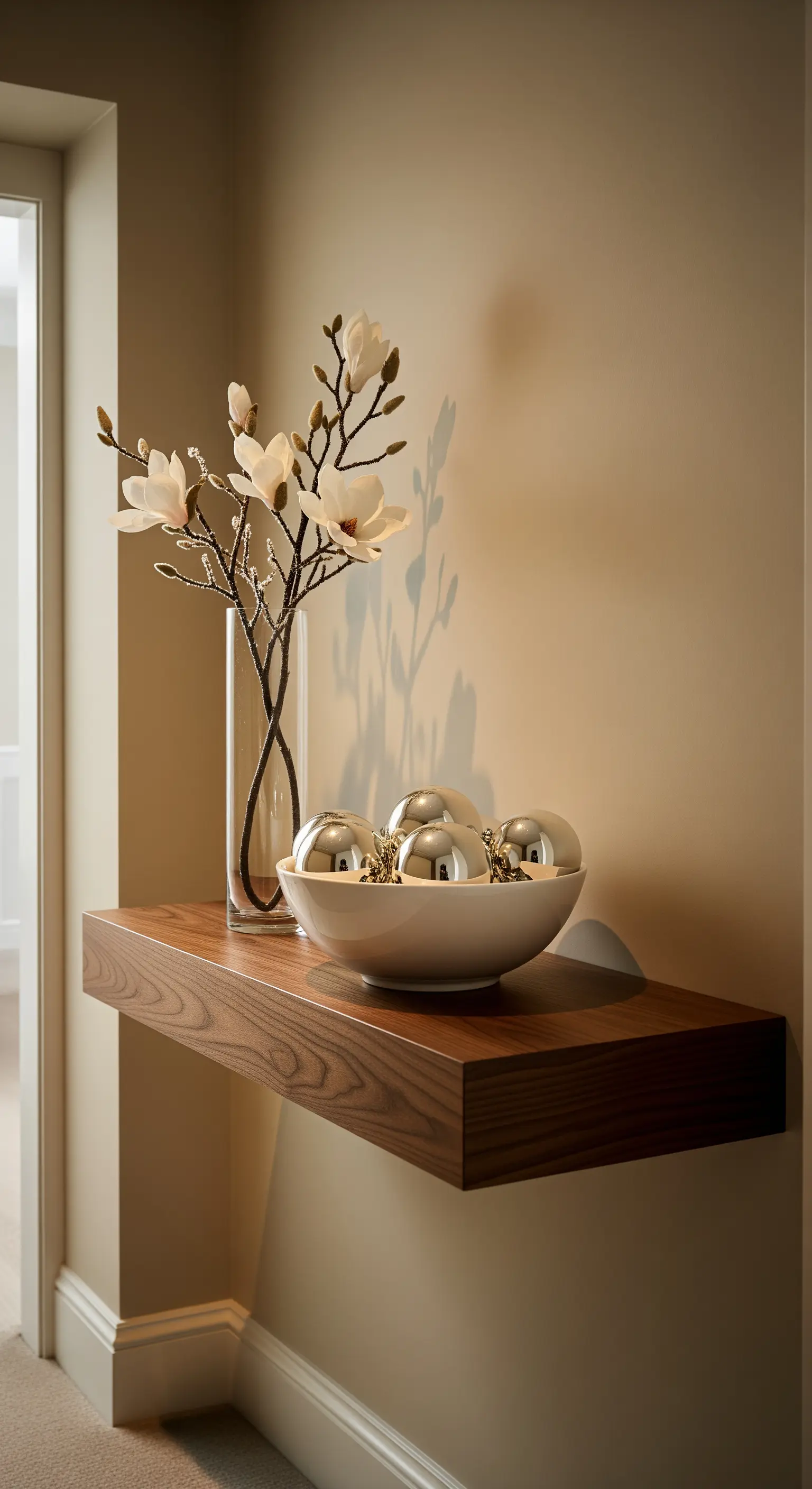 Dunkles Holzregal mit Magnolienzweigen und silbernen Kugeln.