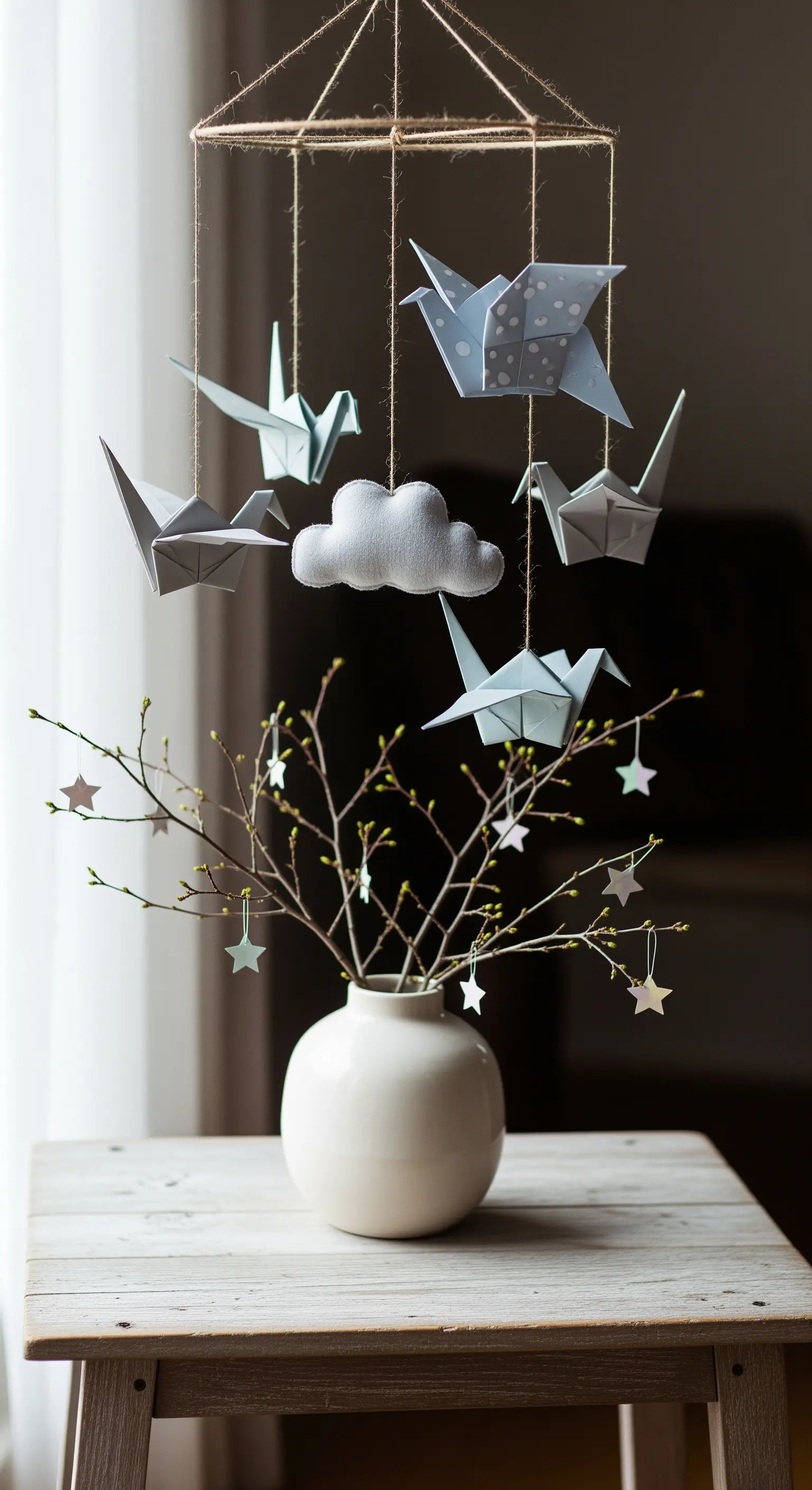 Mobile mit Origami-Kranichen und Papiersternen an einem Zweig in Vase