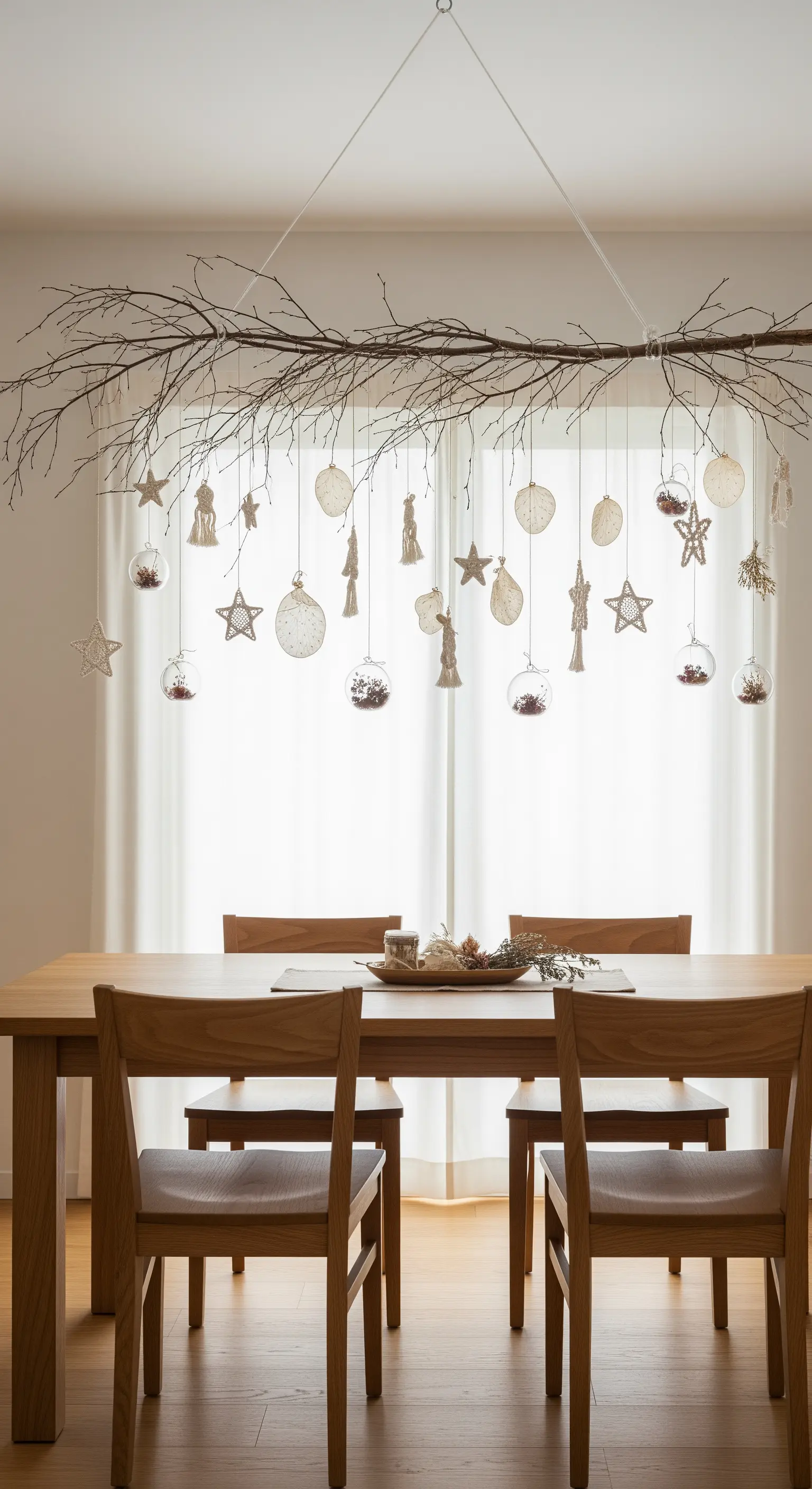Ein an der Decke hängender Ast, geschmückt mit schwebenden Glaskugeln und Sternen